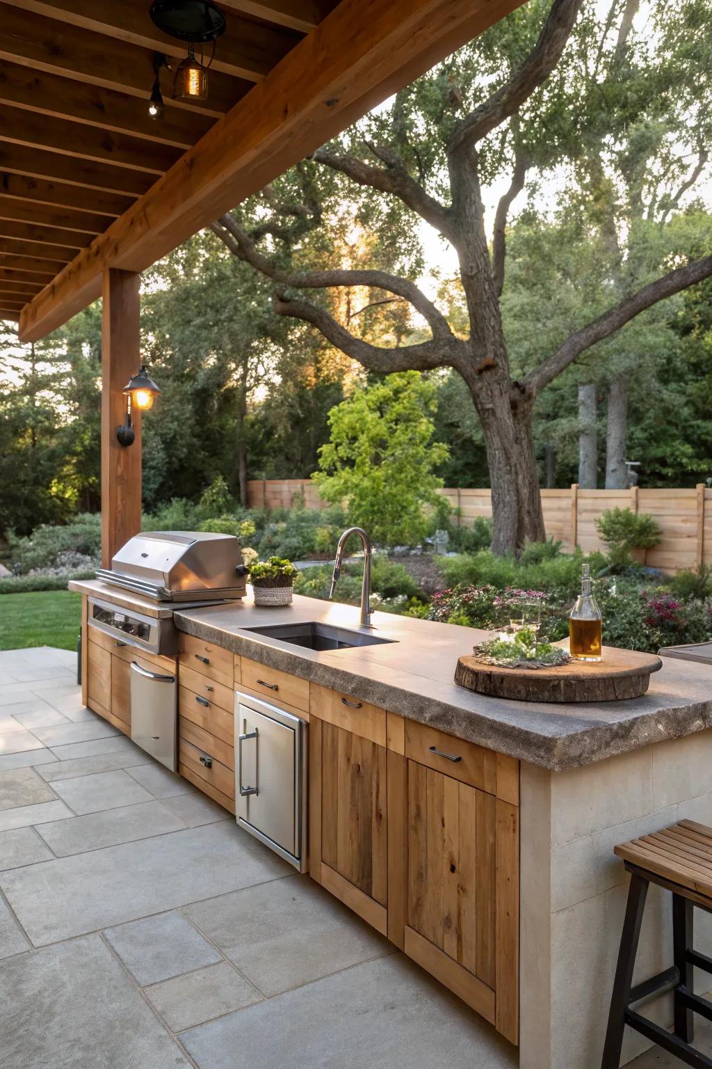 An outdoor cooking area elevated by the organic charm of a natural-edge worktop.