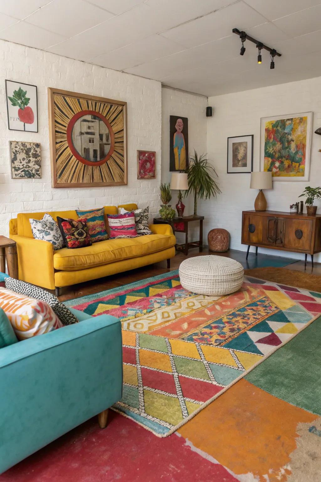 Vibrant concrete stains inject a unique, lively touch into modern living rooms.