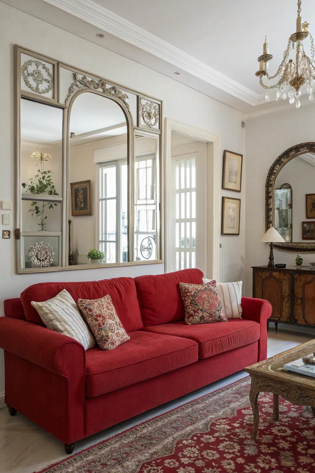 Mirrors and reflective surfaces amplify light and color, enhancing the effect of the crimson sofa.