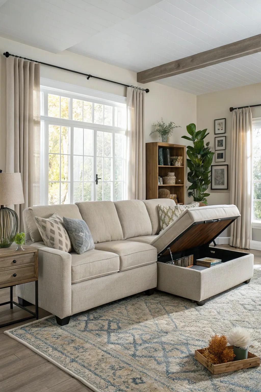 Under-sectional storage keeps the living area neat and tidy.
