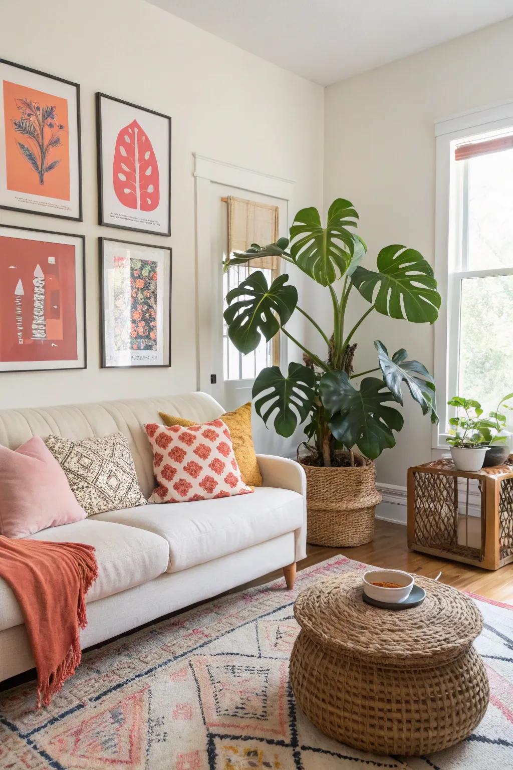 Flora and art cultivate a harmonious visual progression.