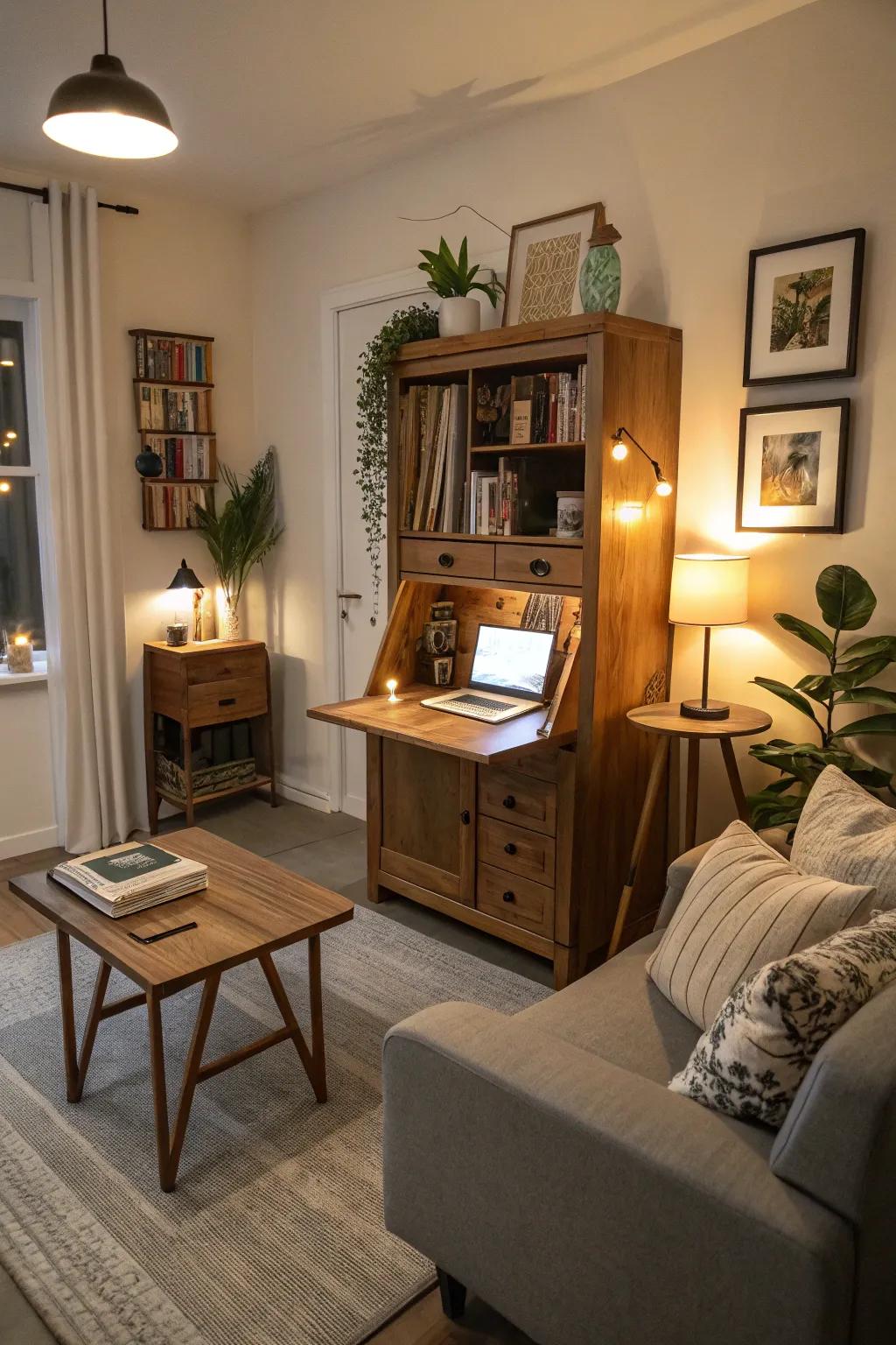 A hidden office design keeps work out of sight when needed.