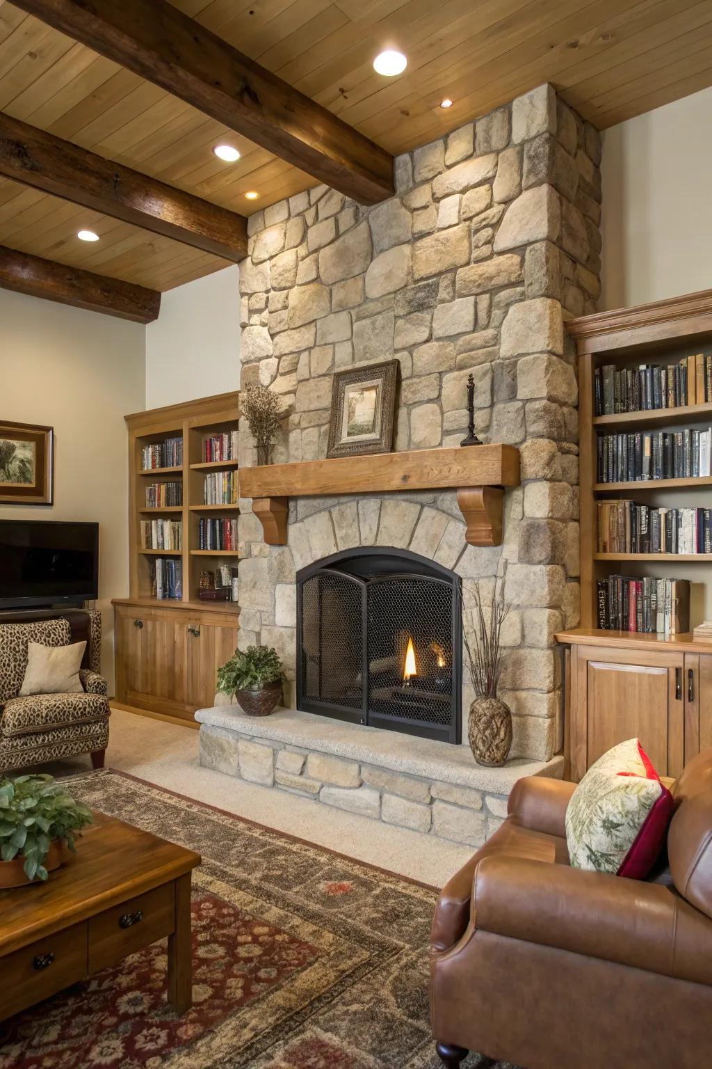 A natural mantle improves the earthy feel of your stone fireplace.