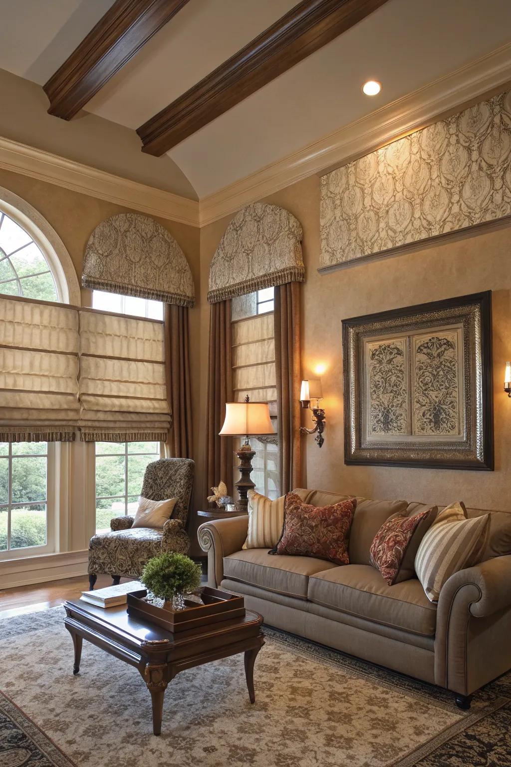 Roman shades add texture and beauty to the living area.
