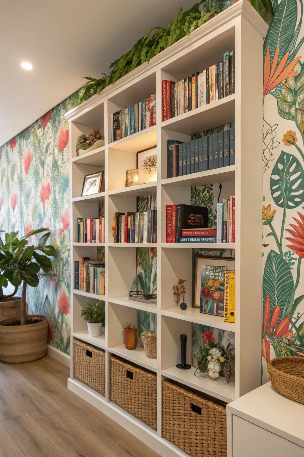 Decorative paper infuses a playful dash of color and patterns to your bookshelves.