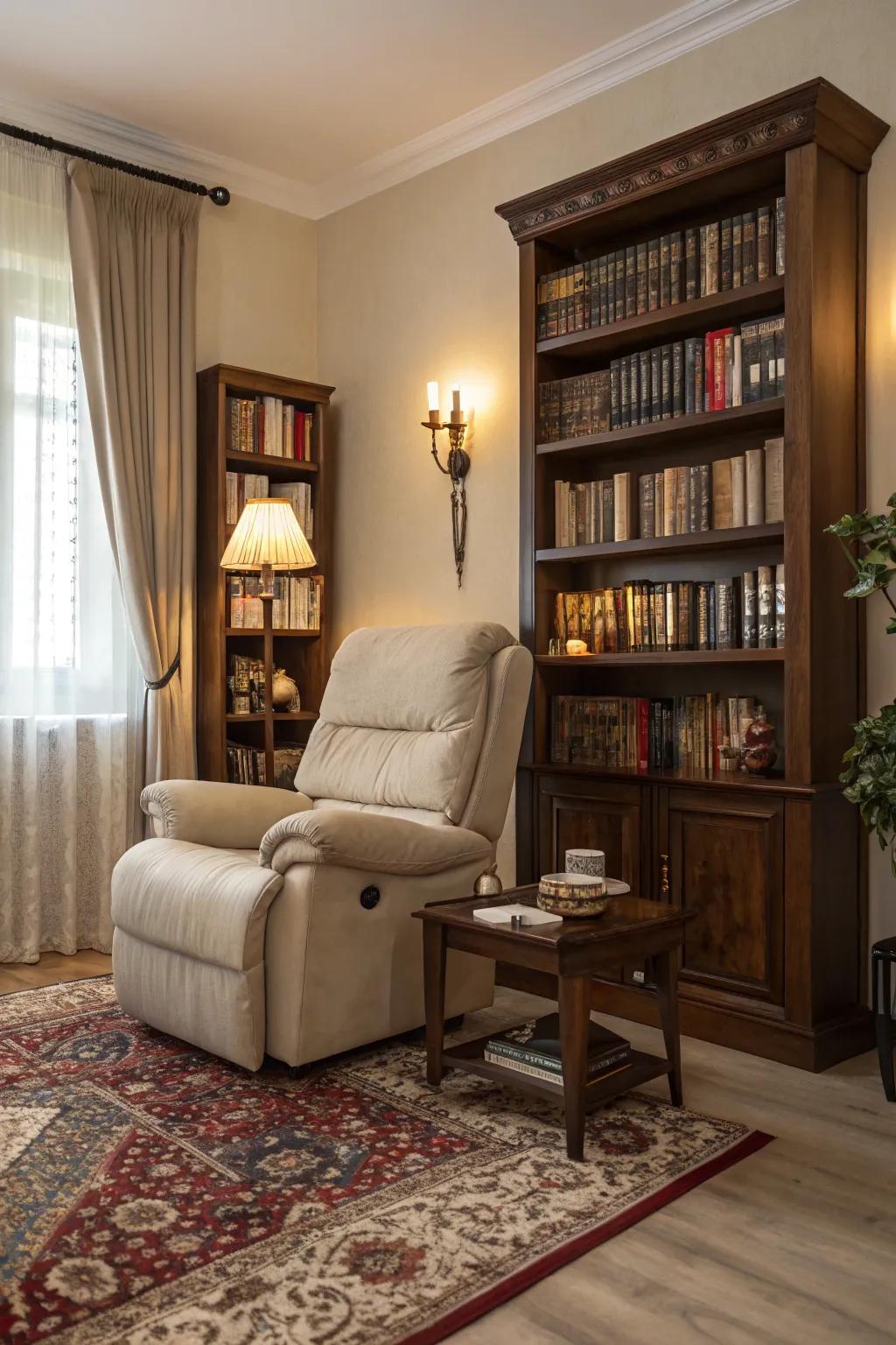 An elegant family room corner featuring a lounger and bookshelf.