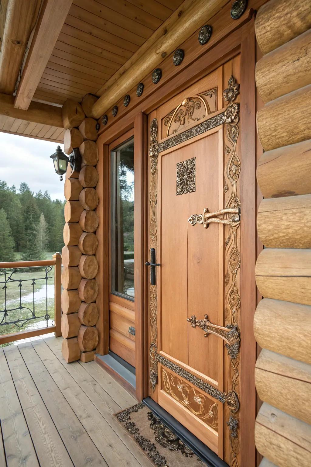 A log cabin door enhanced with copper details.