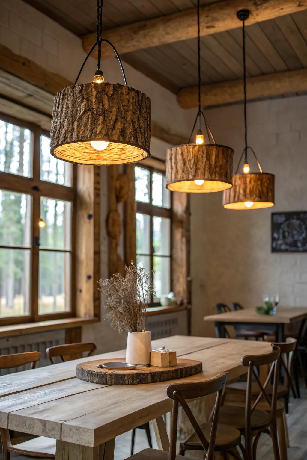 Hanging log lights contributing an earthy ambiance to a dining area.