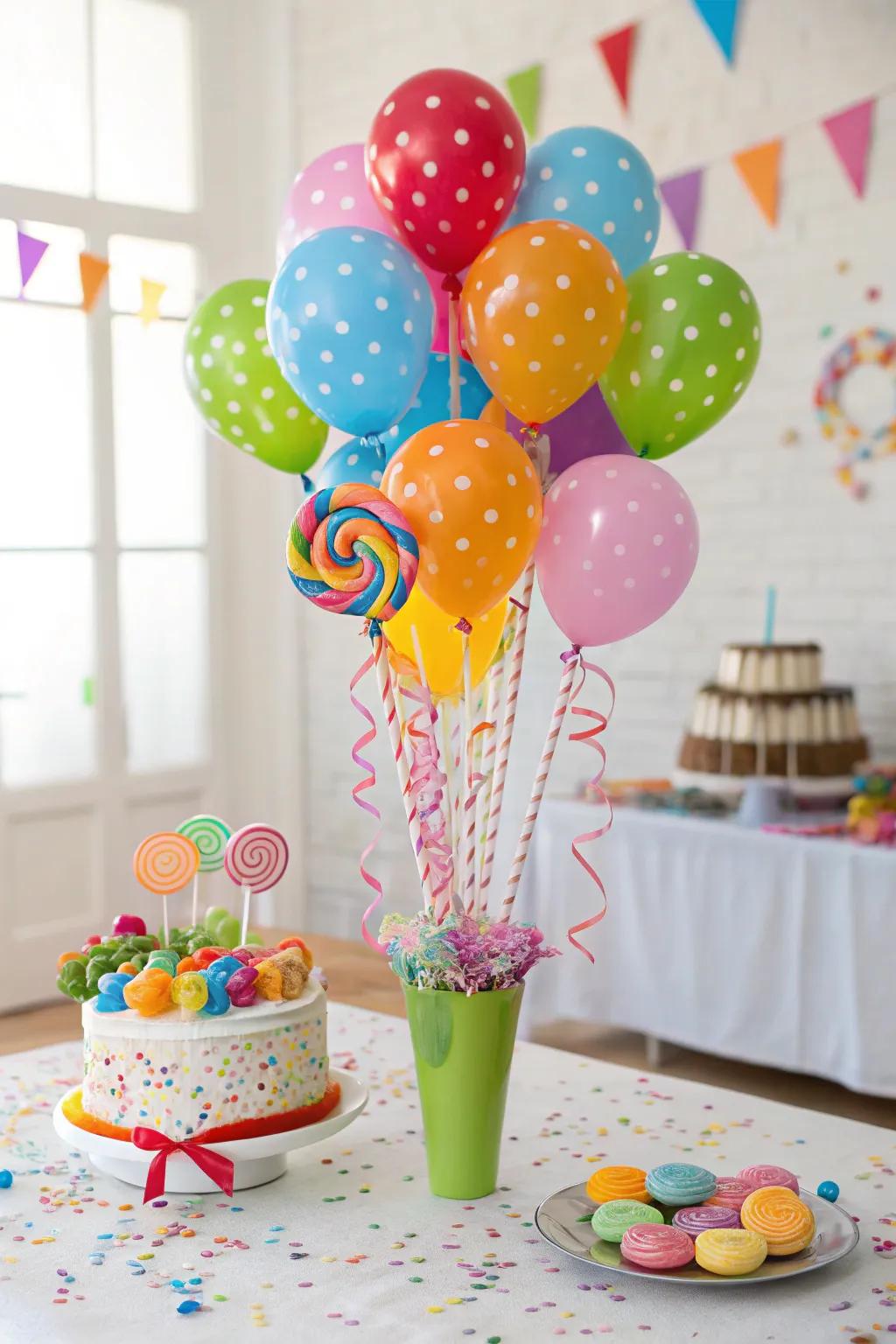 A festive candy pop posy displaying a balloon addition