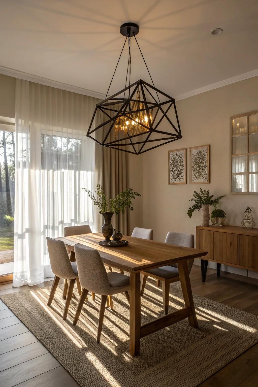A geometric lamp lends a modern flair to a dining room.