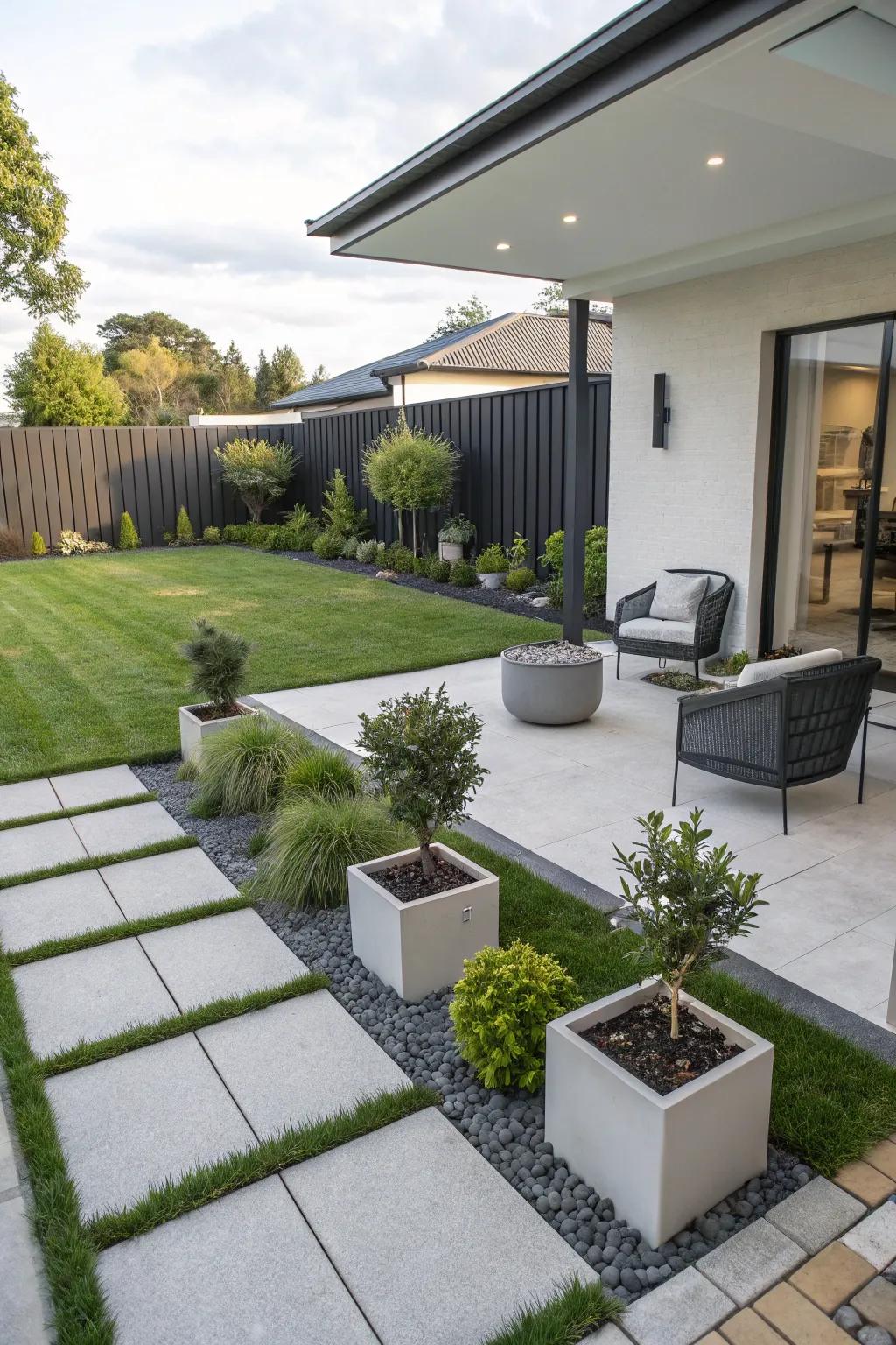 Plank and block spaces supply easy-care outdoor areas.