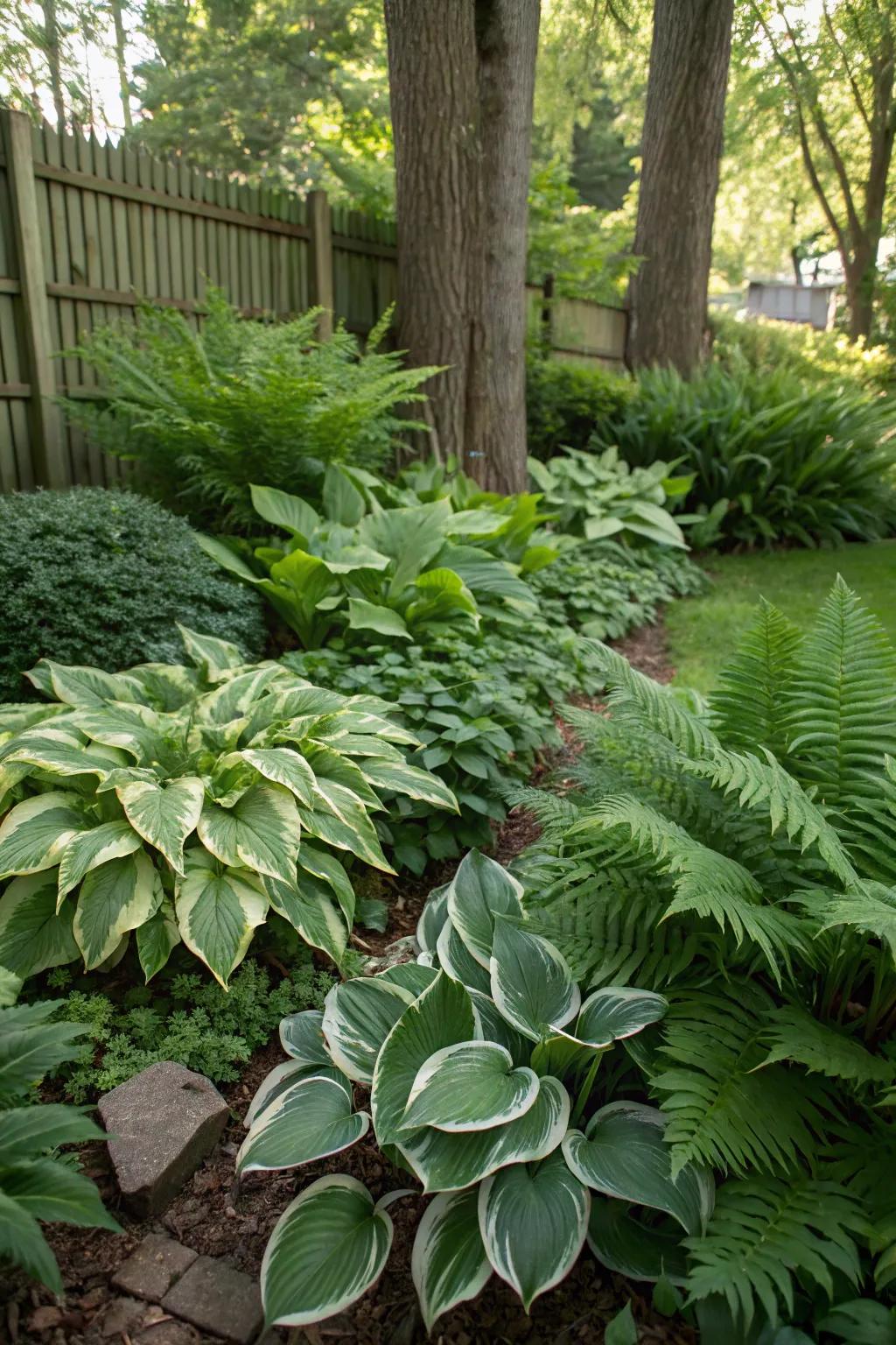 Lush shaded garden featuring foliage and ferns.