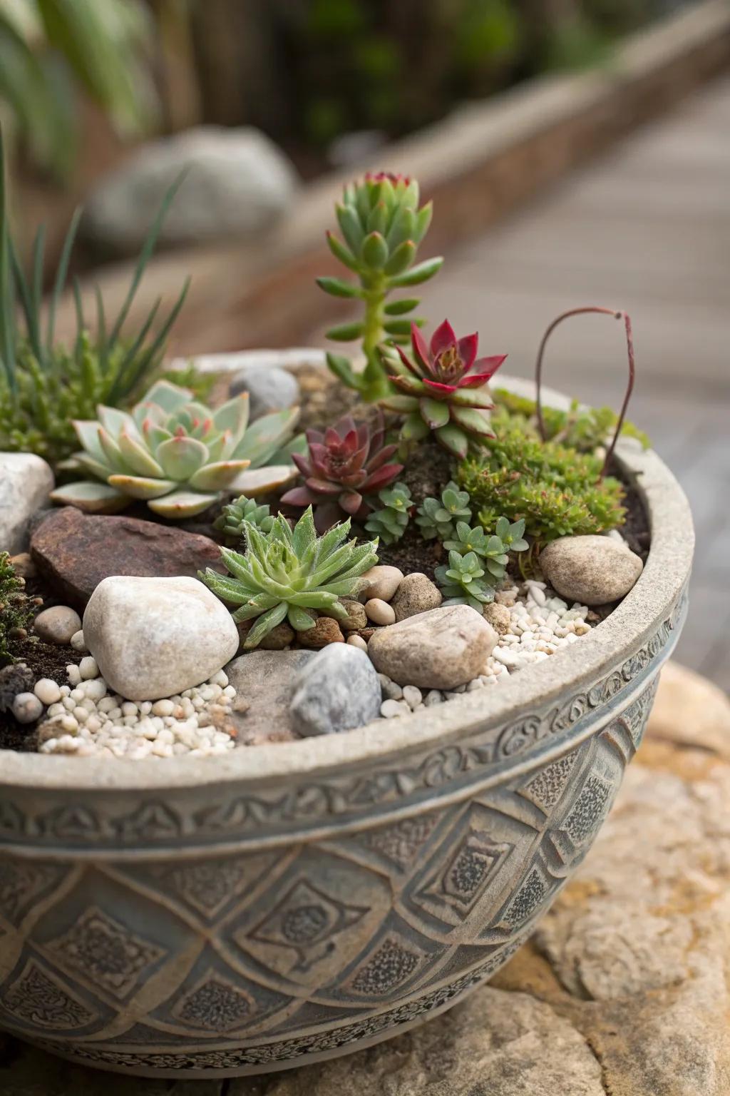 A tiny rock garden in a pot for small spaces.