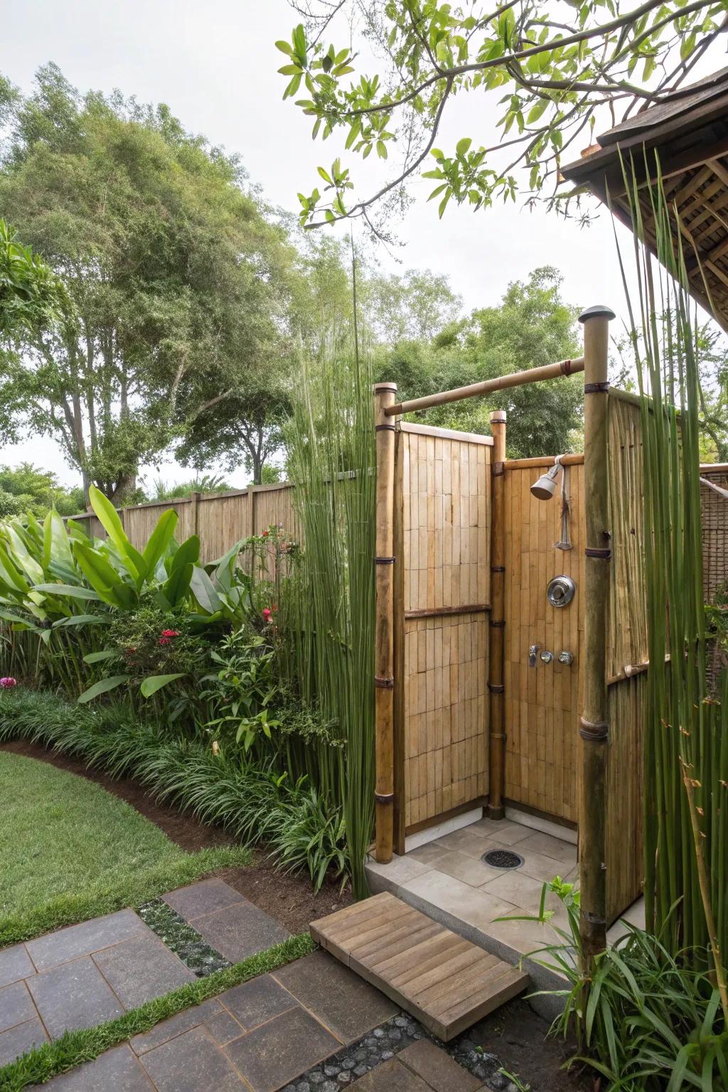 A serene outdoor shower offering a secluded spa experience.