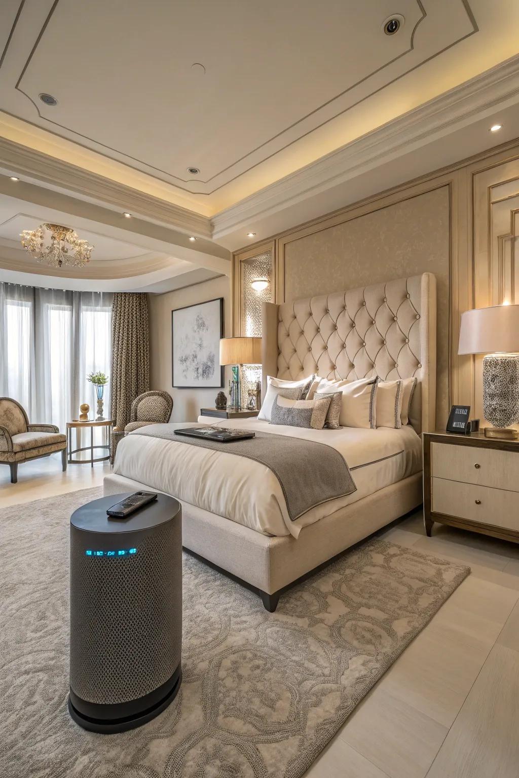 A deluxe bedroom with contemporary technology integrated for enhanced convenience.