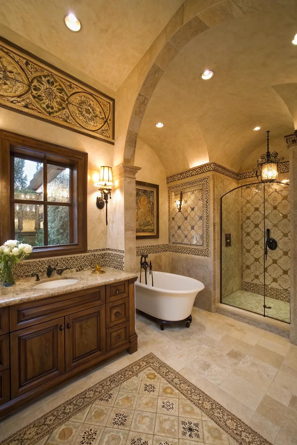 Calcite surface appends rustic charm with its warm, earthy hues.