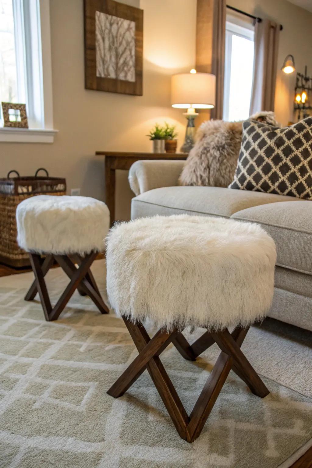 Faux fur seating adds a playful and glamorous flair to this living room.