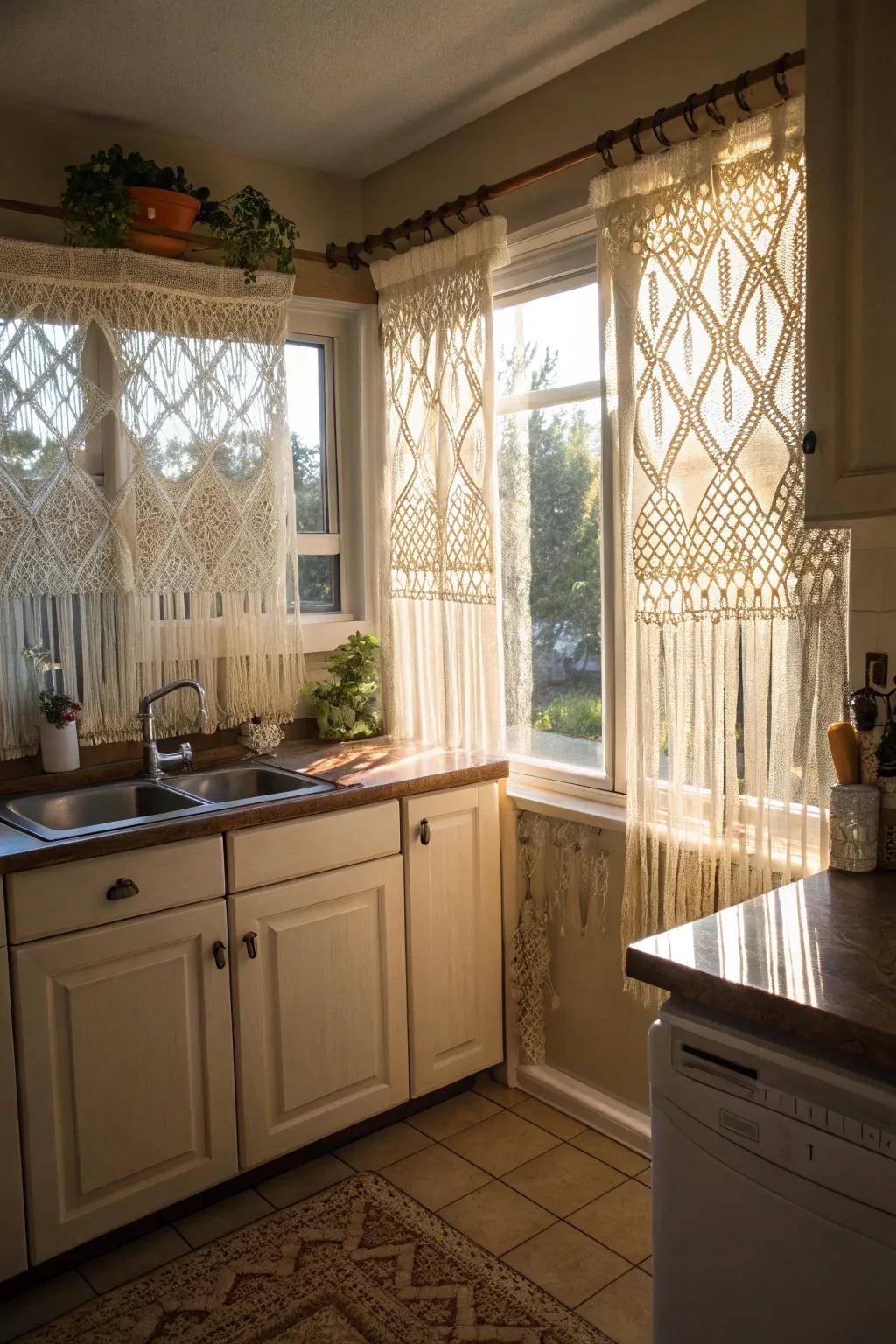Macrame window accents introducing artistry to a cooking area.