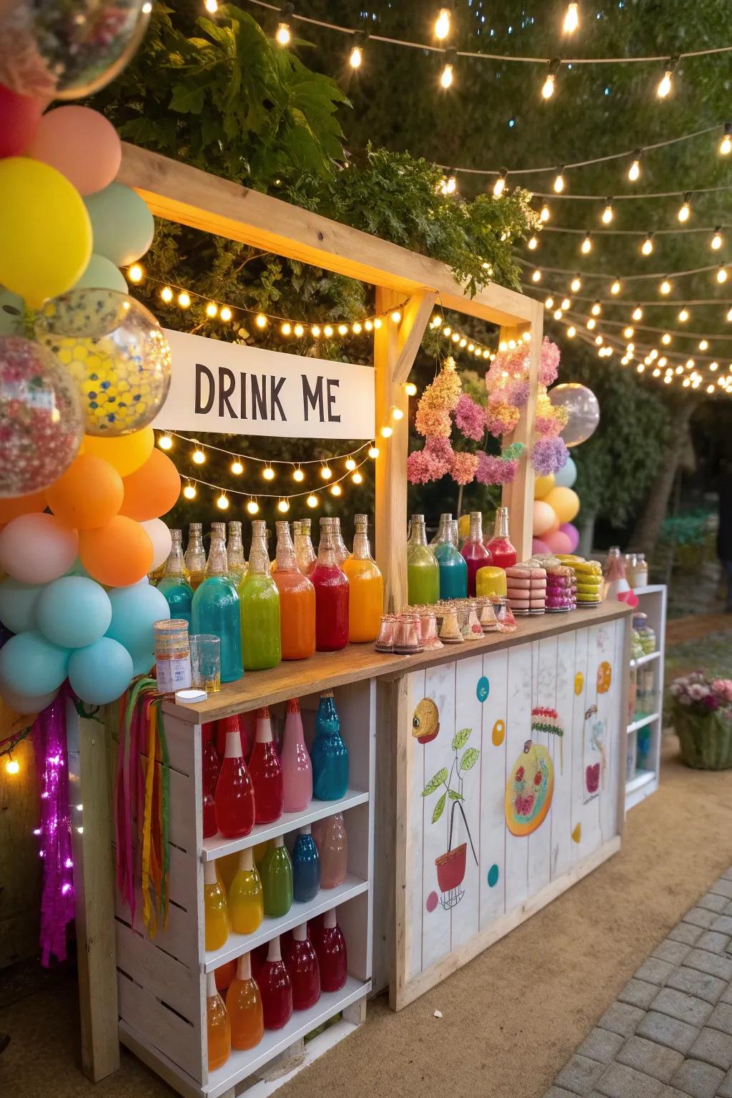 A 'Drink Me' station with vibrant drinks introduces a playful touch to the party.
