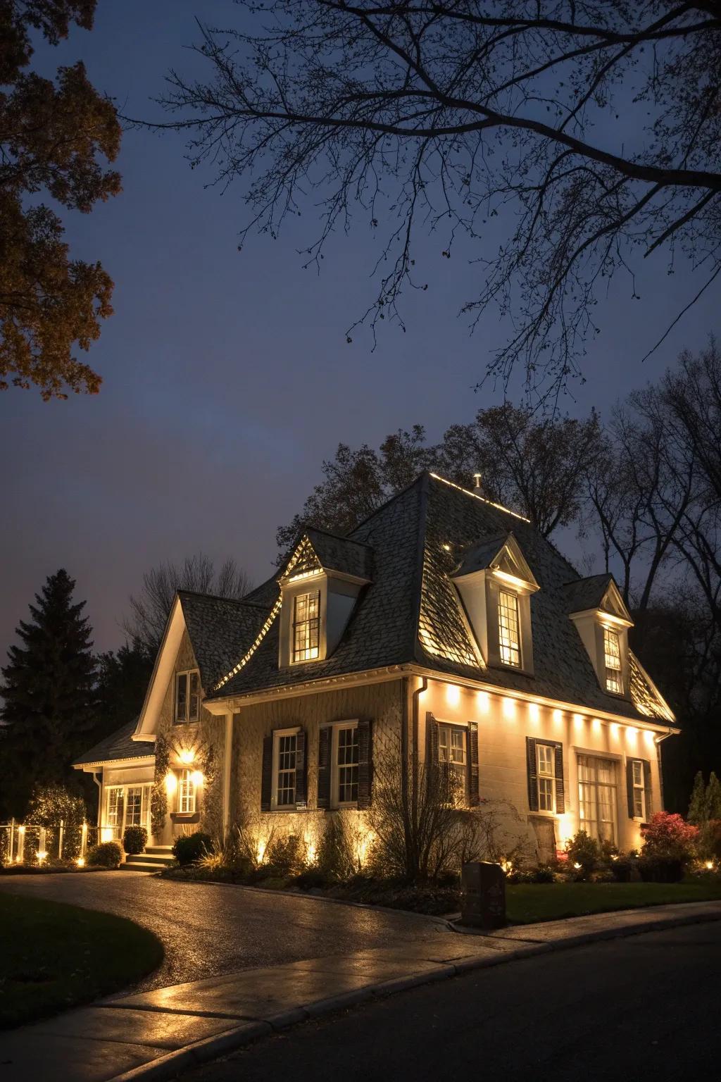 This mansard roof looks more dramatic at night thanks to integrated lighting.