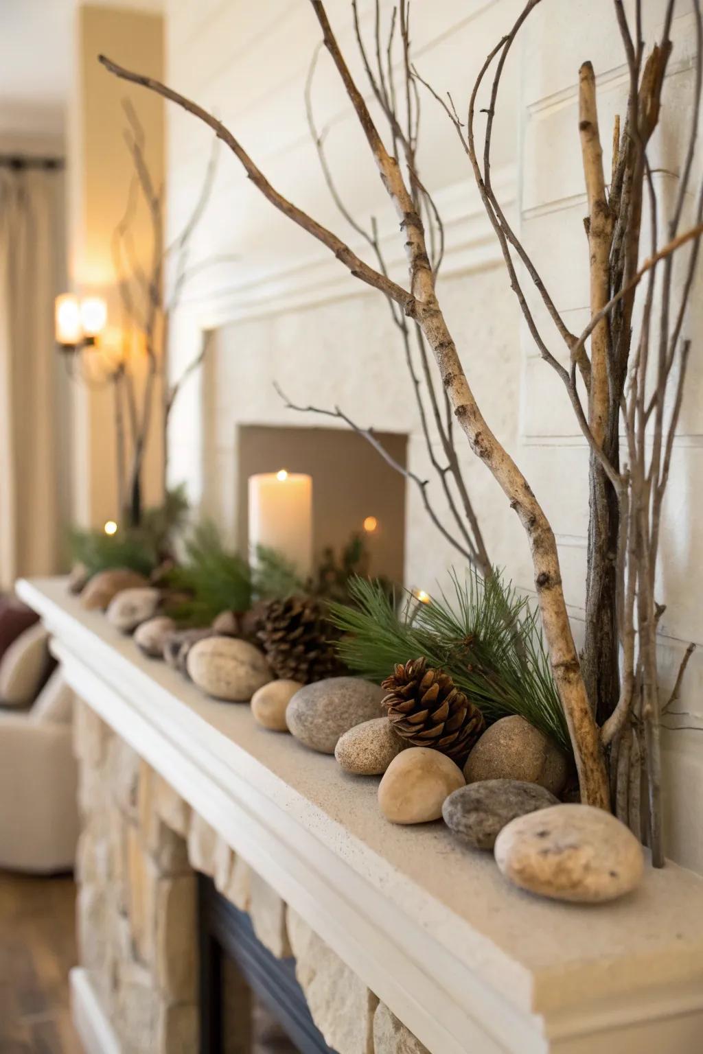 Natural components introduce an earthy and organic nuance to the mantel.