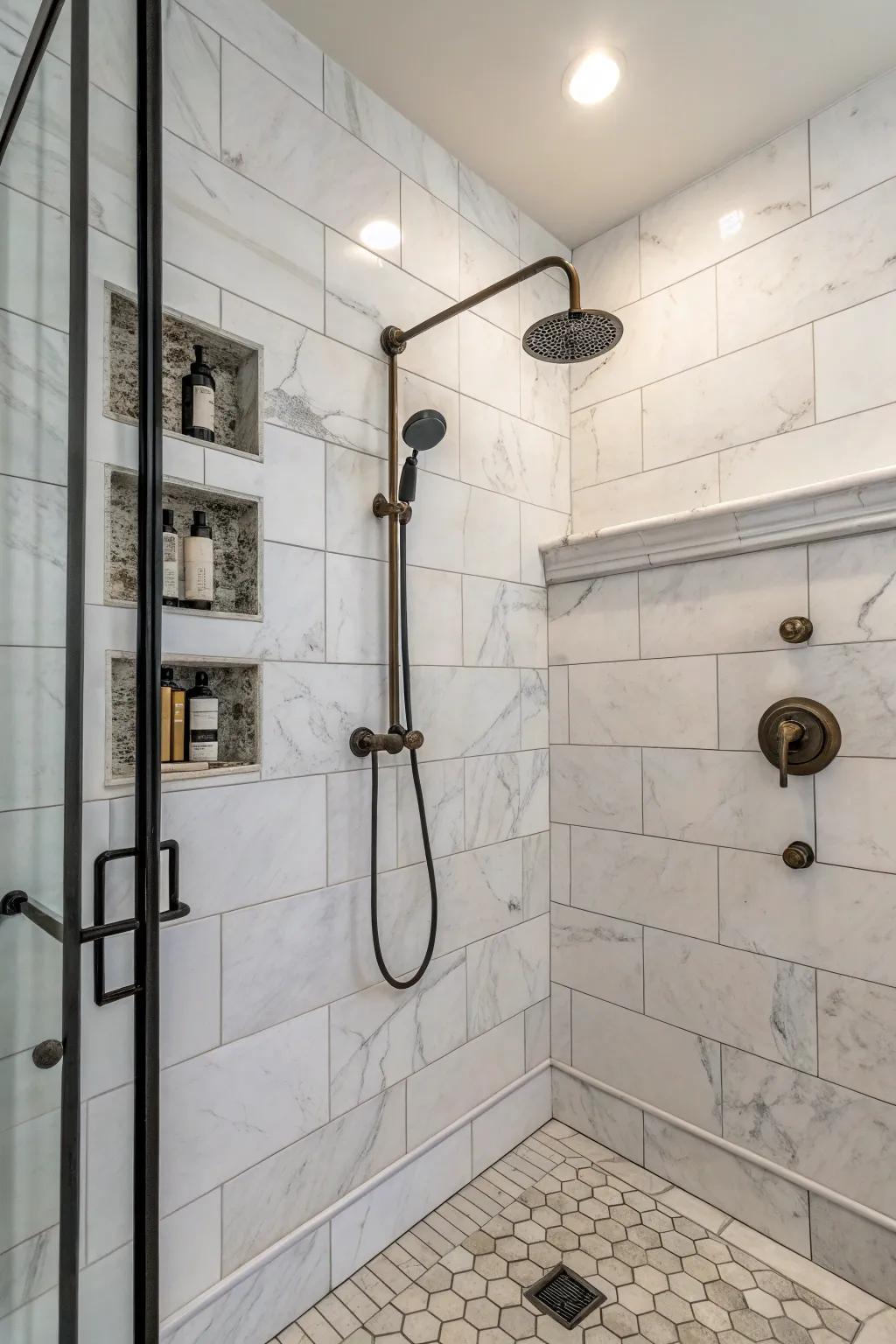 Industrial components add a modern edge to stone showers.