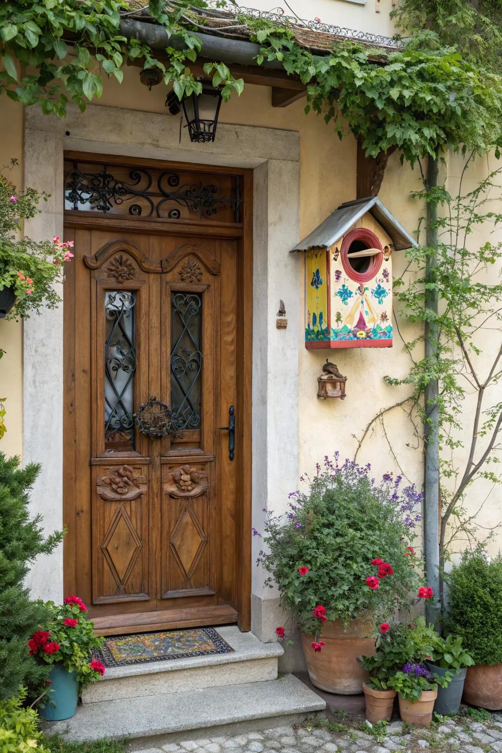 A birdhouse staging beckons nature to your doorway.