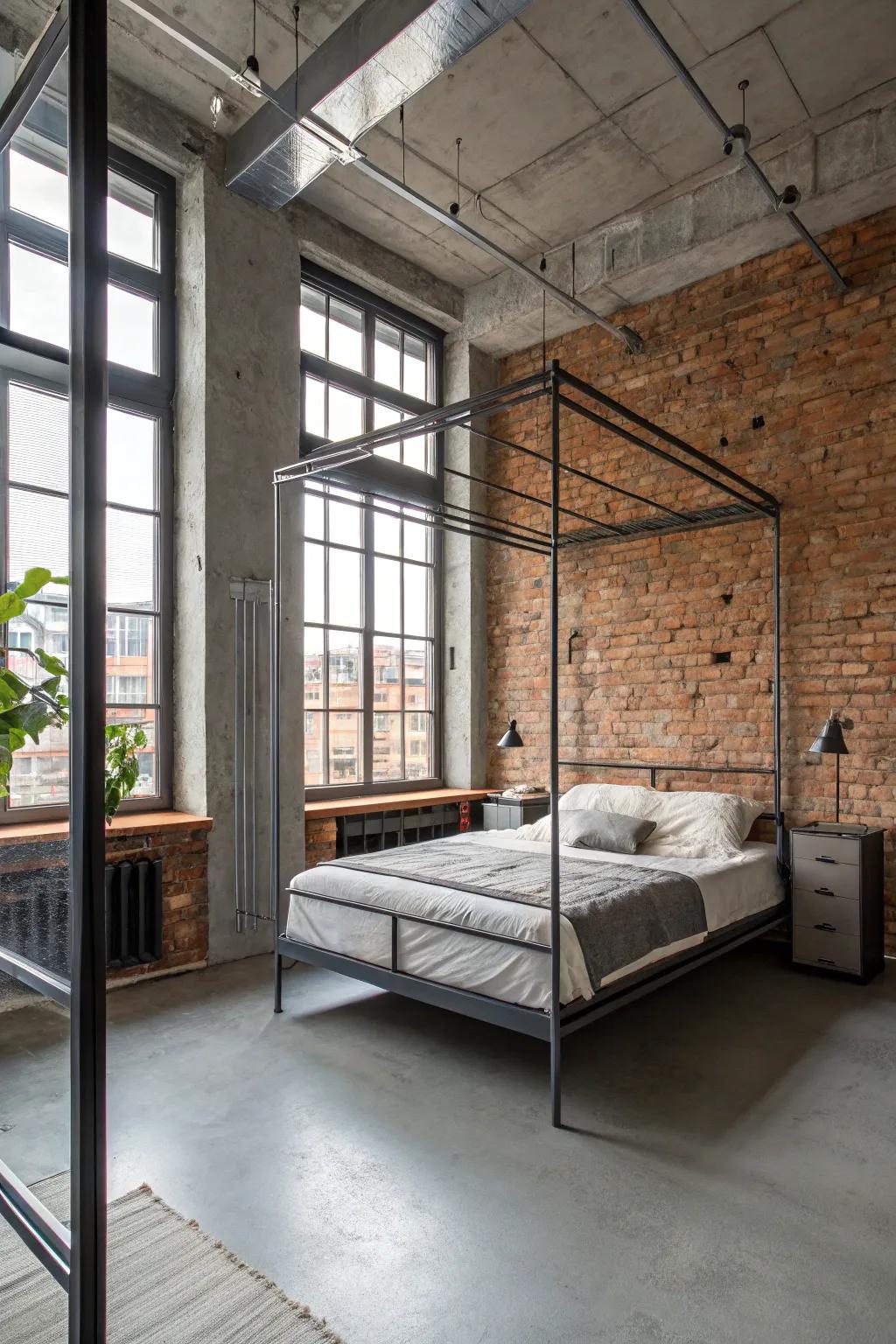 Industrial elements contribute grit and urban character to the bedroom.