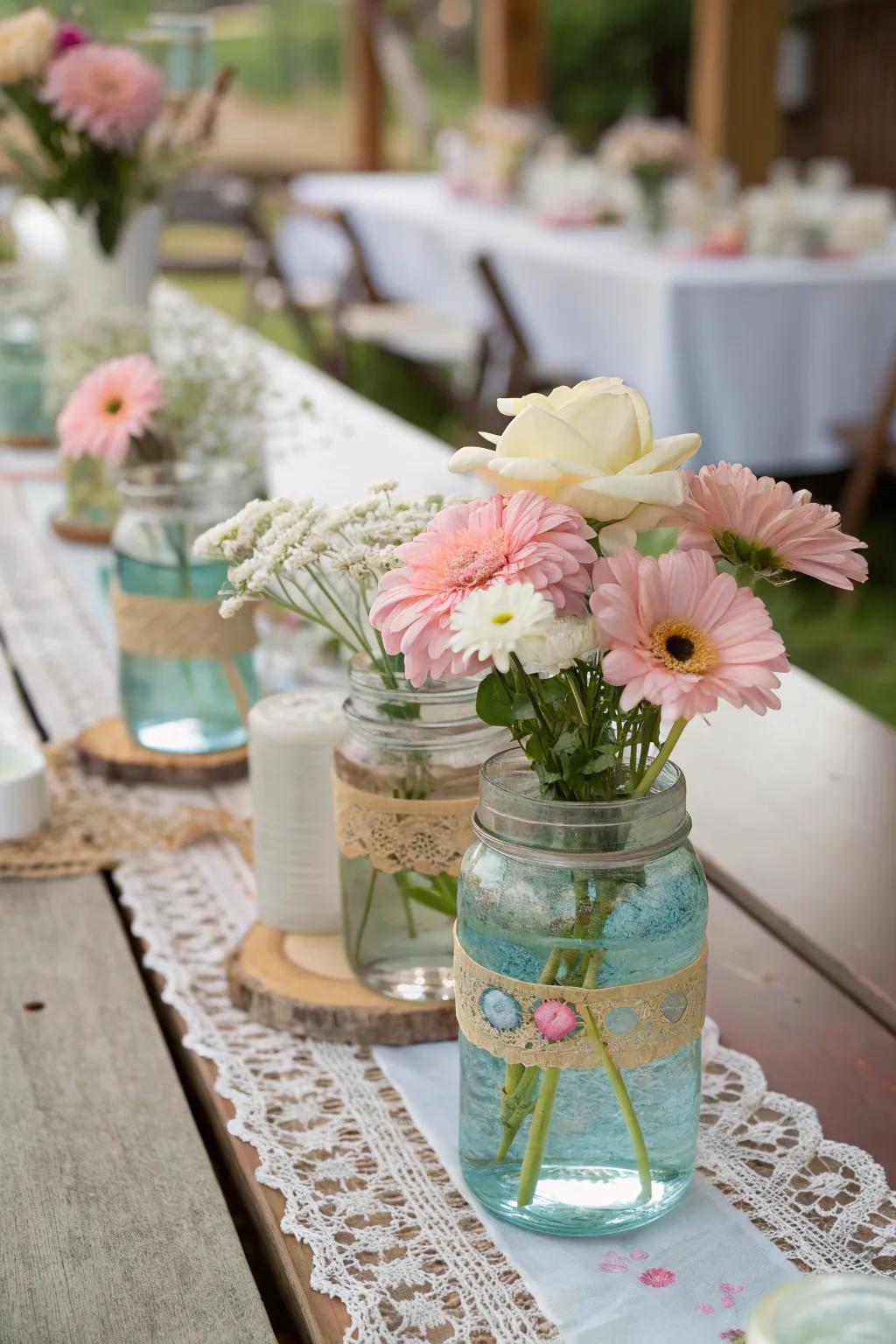 Create a fresh, whimsical aesthetic using suspended flowers in preserving jars.