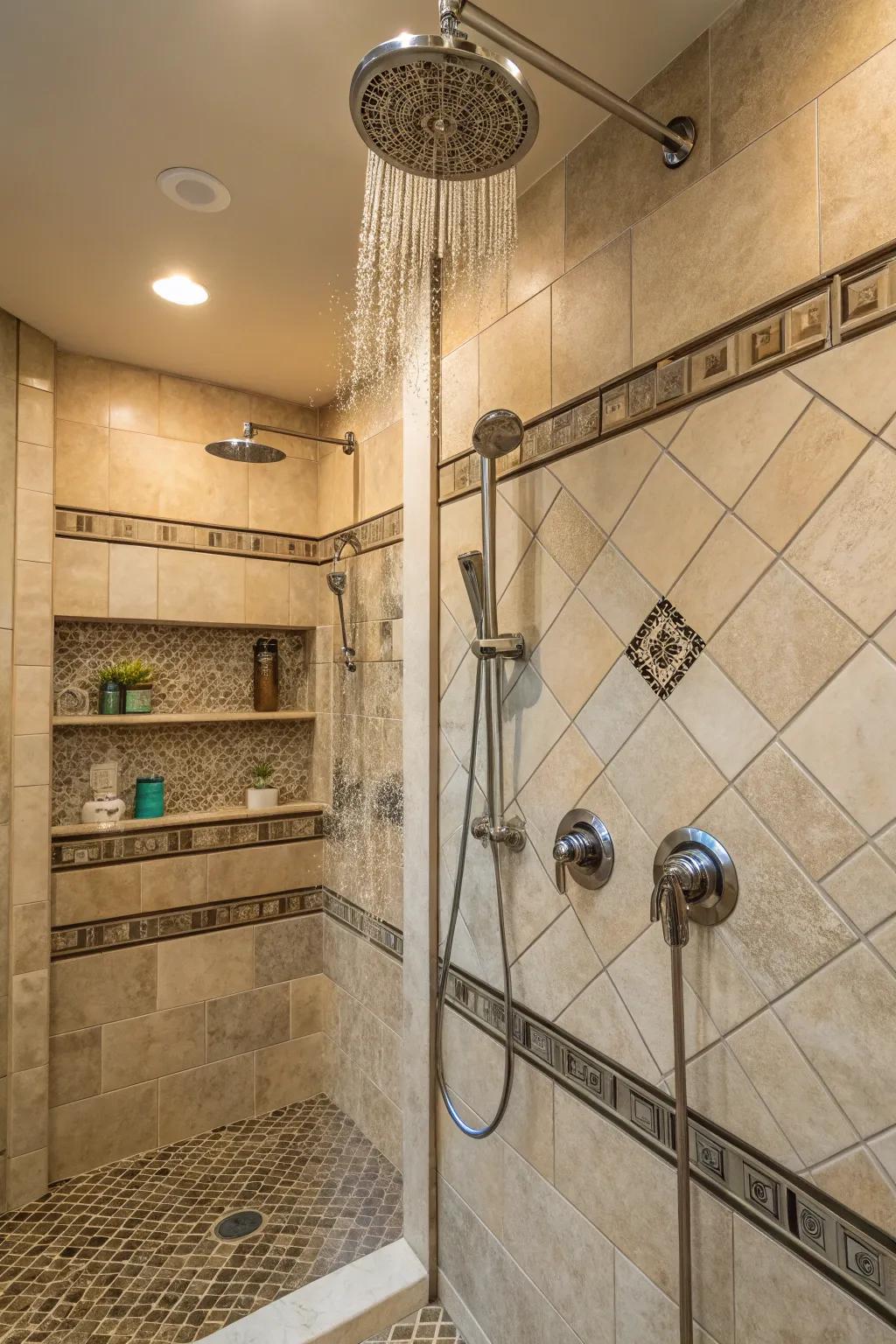 Multiple sprinklers provide a luxurious and flexible showering experience.
