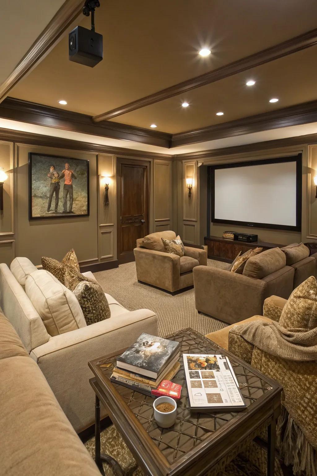 A balanced media room with taupe walls, offering warmth and versatility.
