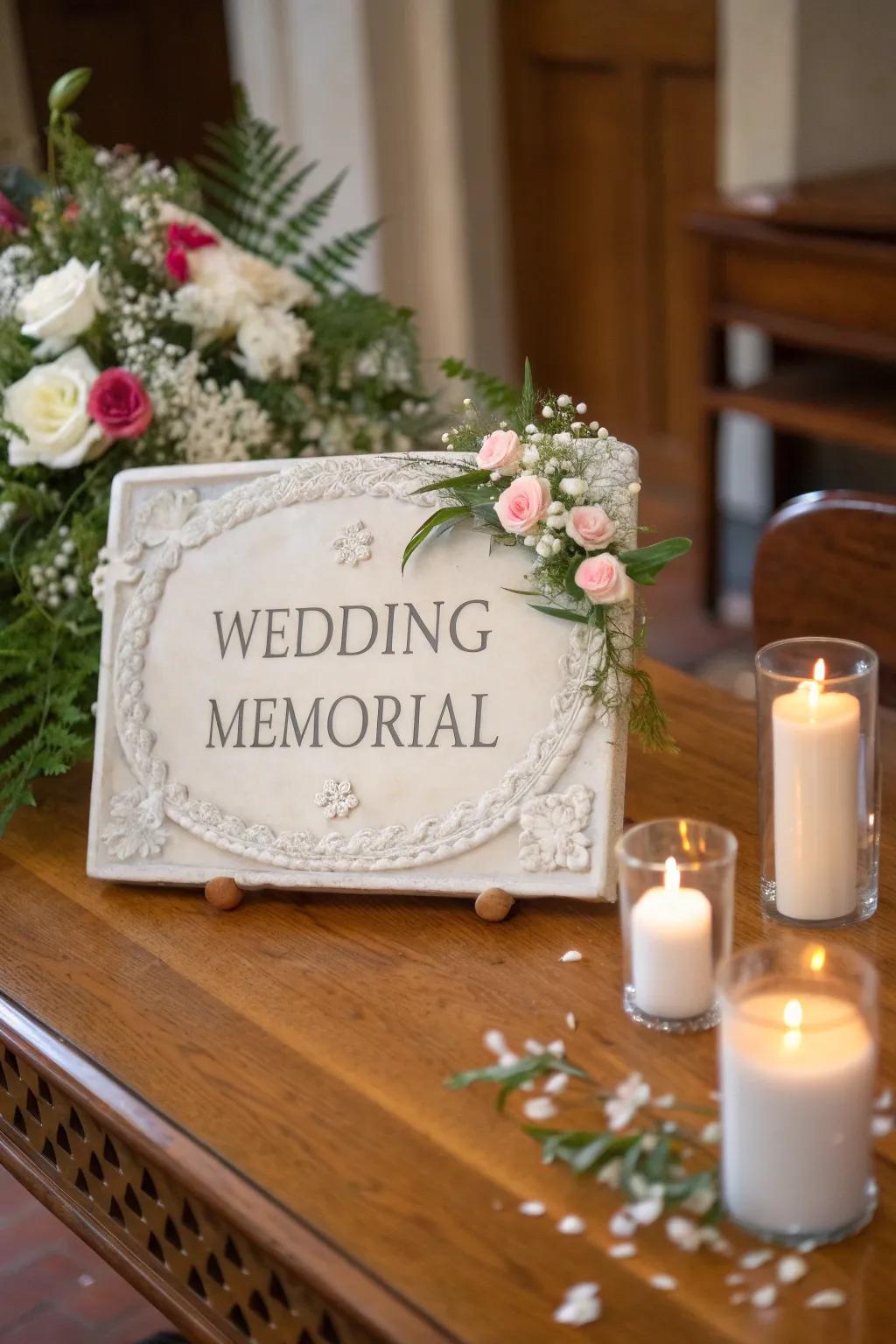 A signage provides a simple, elegant tribute to loved ones.