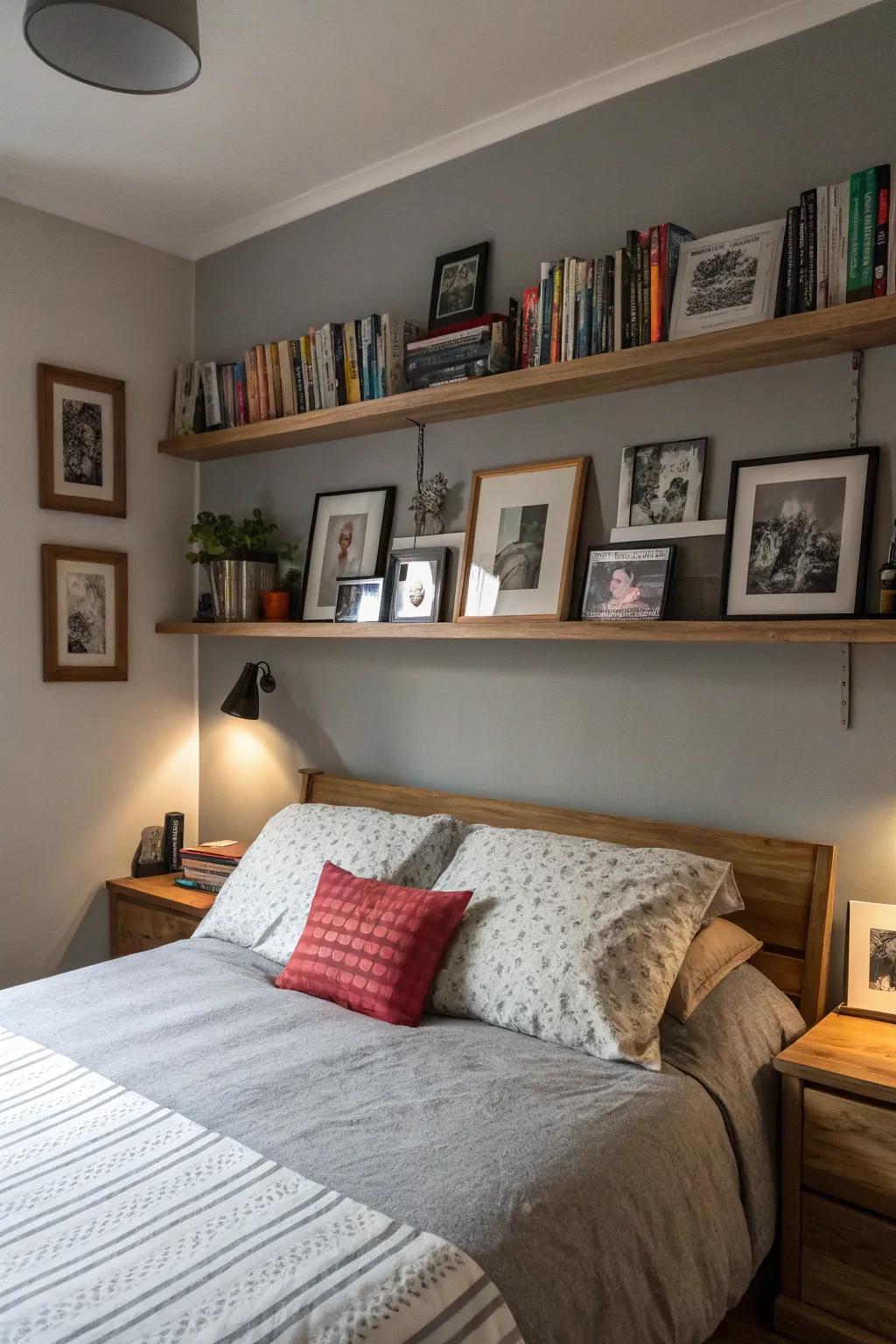 The grey bedroom is made uniquely yours by personal touches.