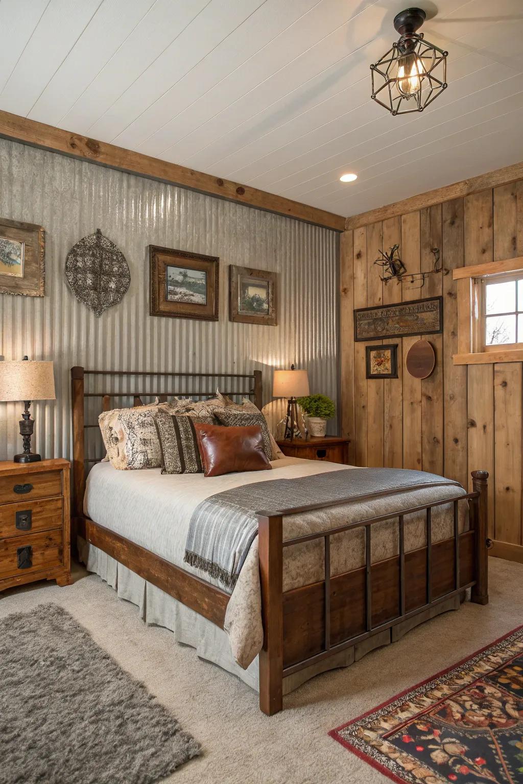 Construct a warm and countryside bedroom using metallic wall paneling.