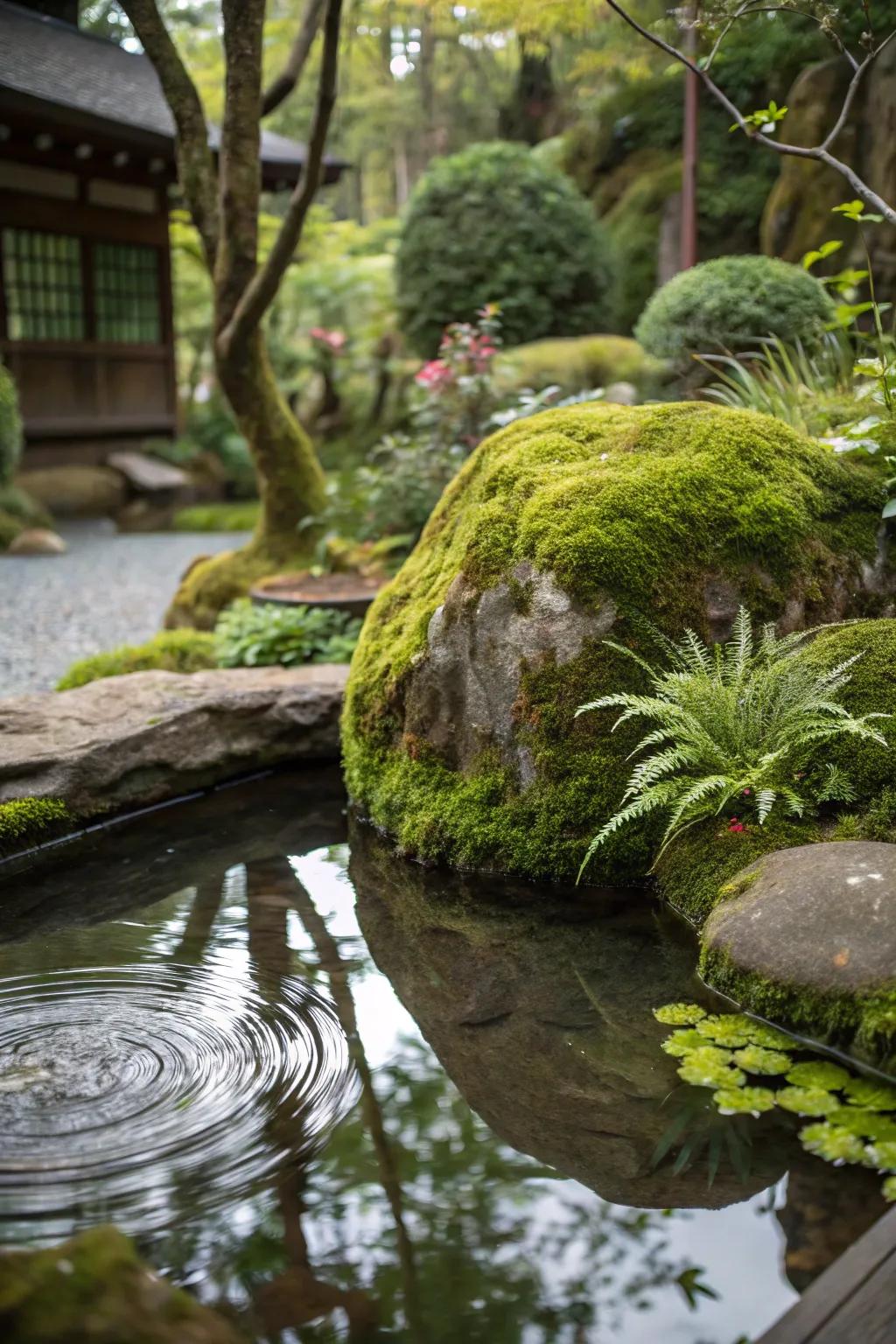 Moss-covered stones add a timeless feel to a mini pond.