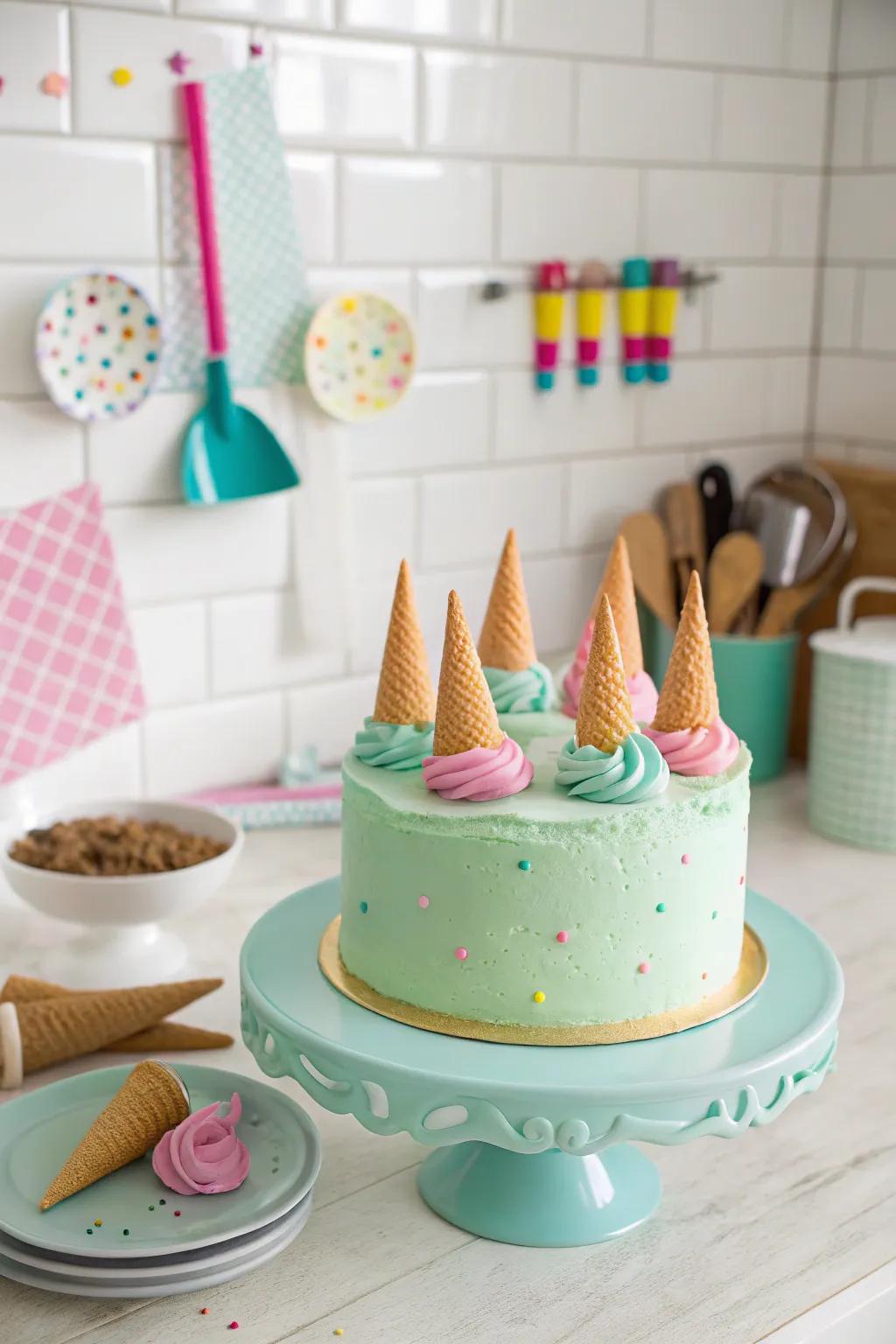 A lime confection featuring a playful ice cream cone surprise.