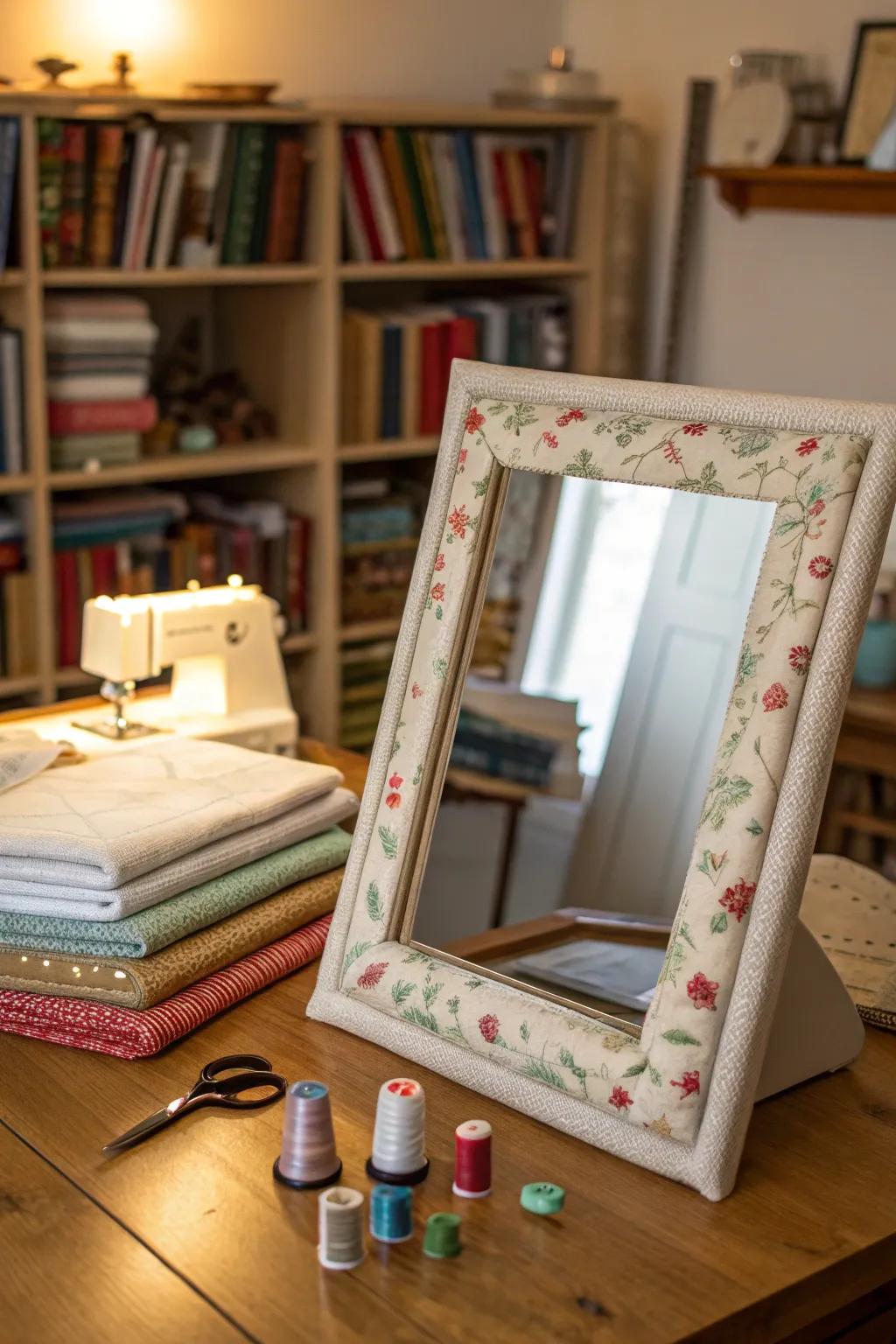 A textile-framed mirror introduces texture and character to a sewing chamber.