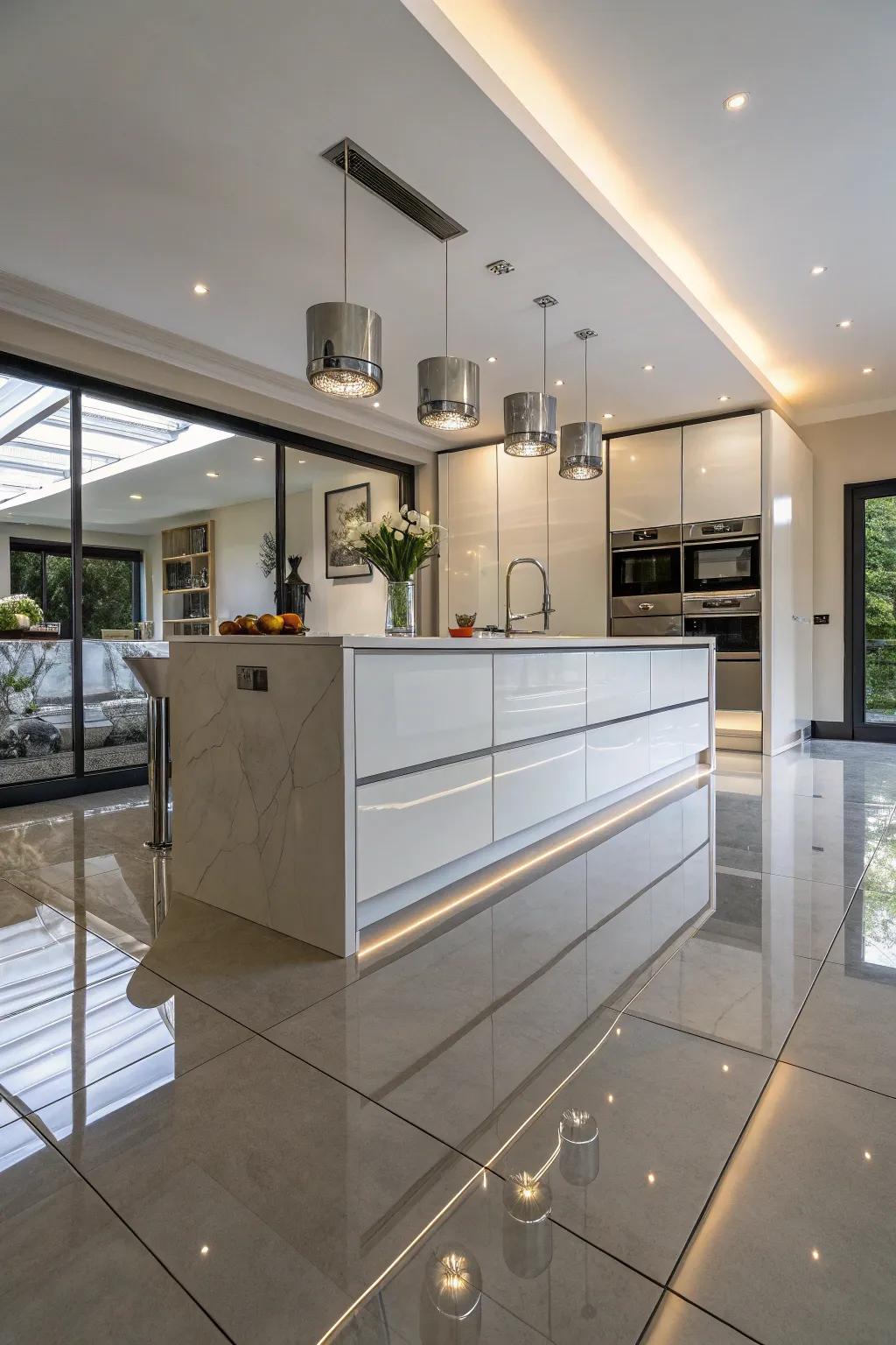 A mirrored kitchen island reflecting space and adding modernity.