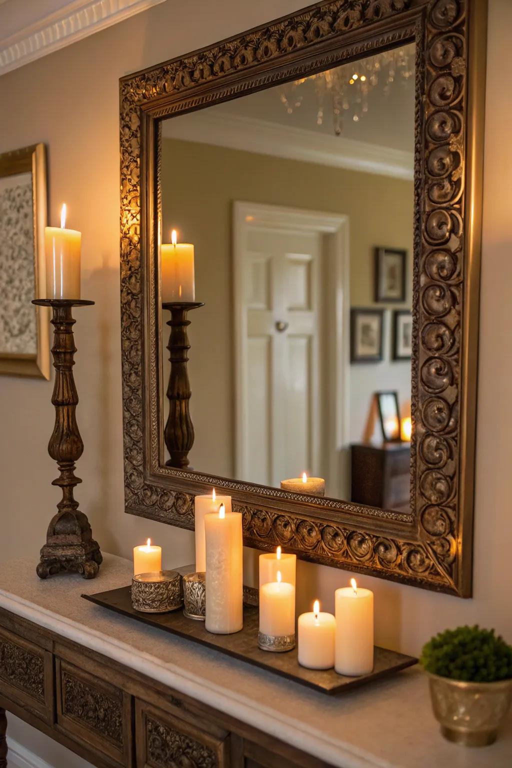 An ornamental mirror displaying a candle shelf to achieve a warm, inviting atmosphere.