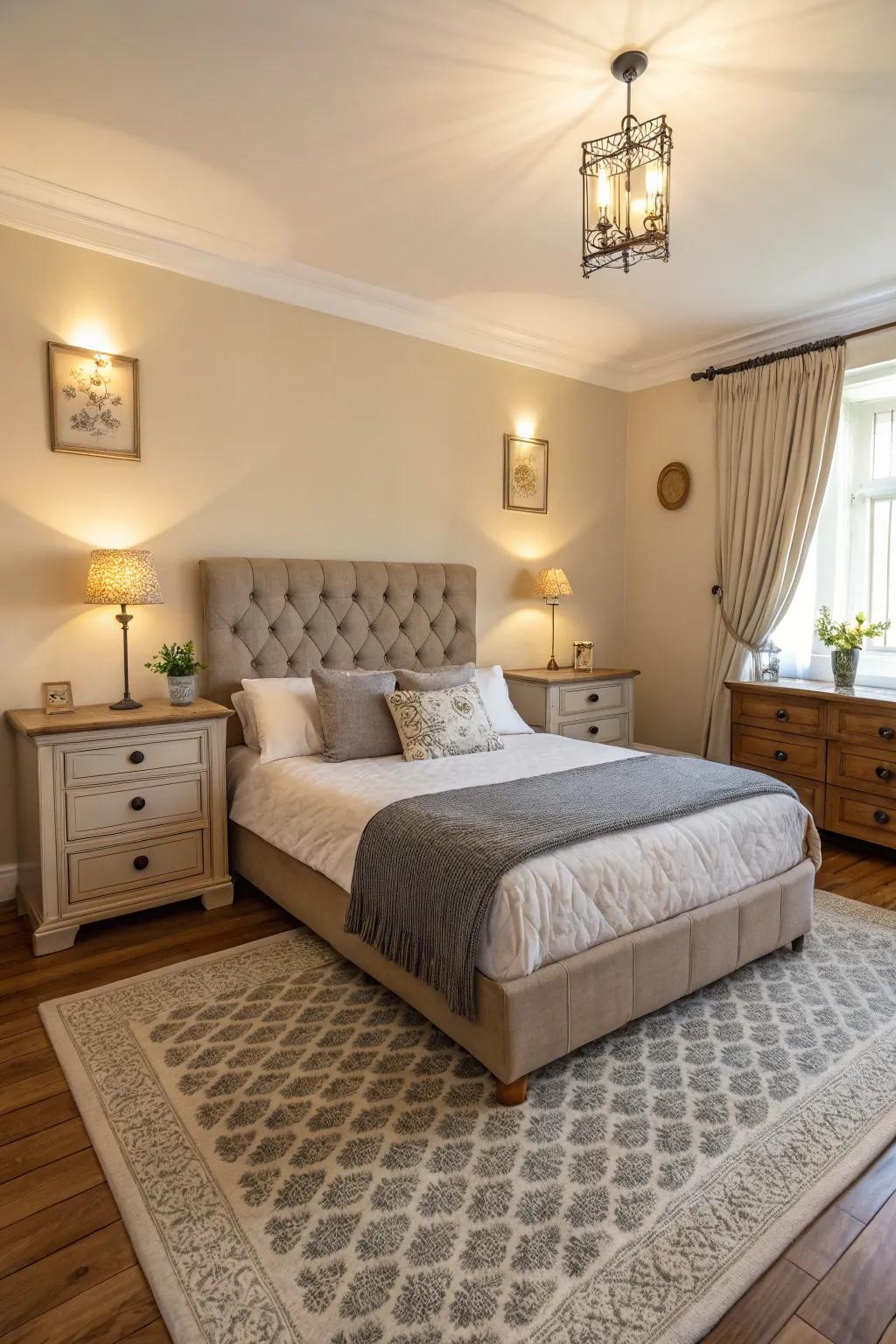 Playing with scale adds interest to your bedroom layout.
