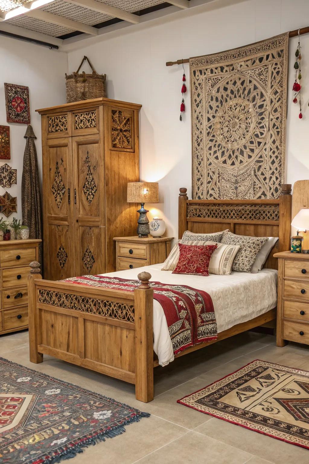 Global influences enrich the bedroom’s design.
