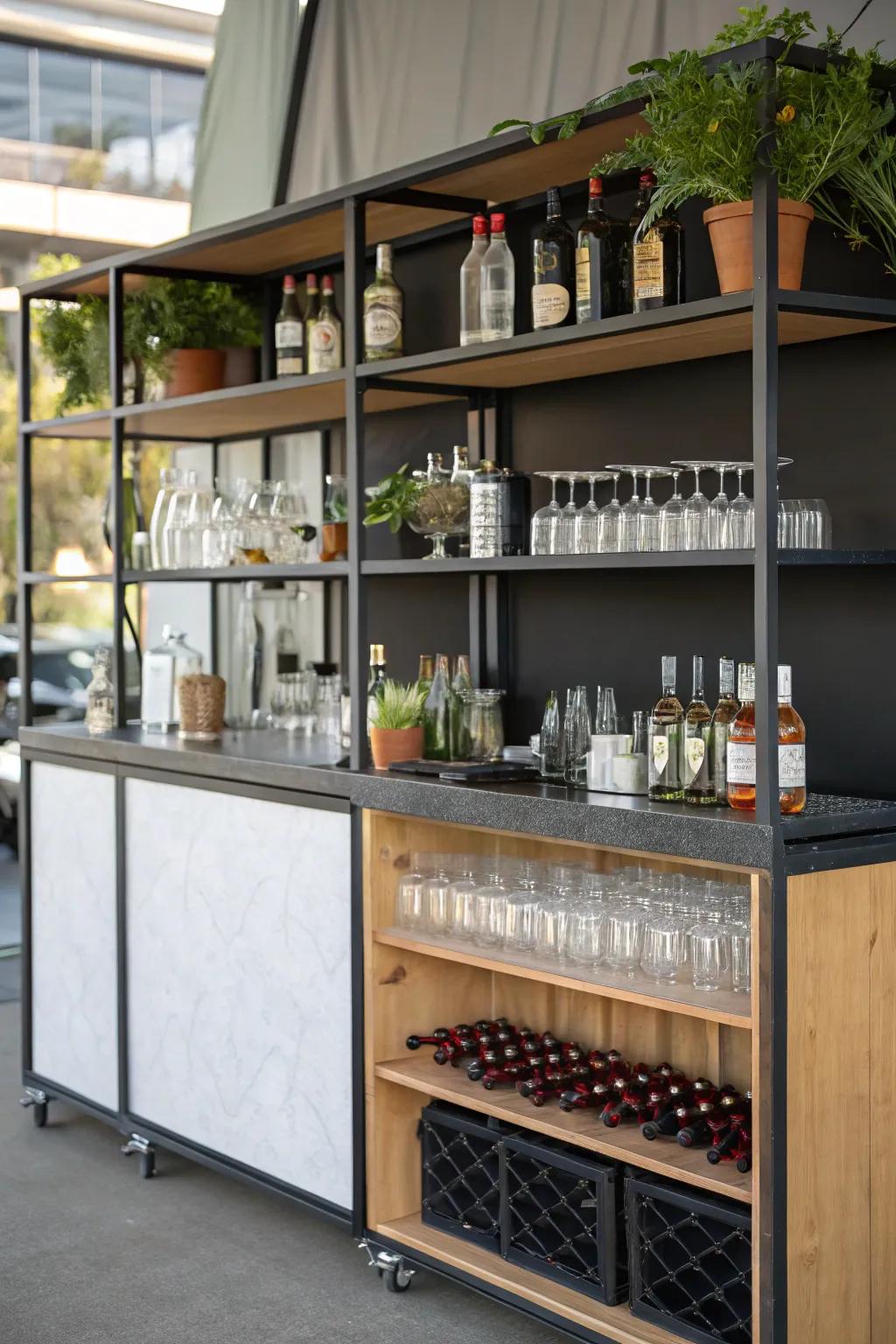 Vertical shelves enhance storage and style in this mobile bar.