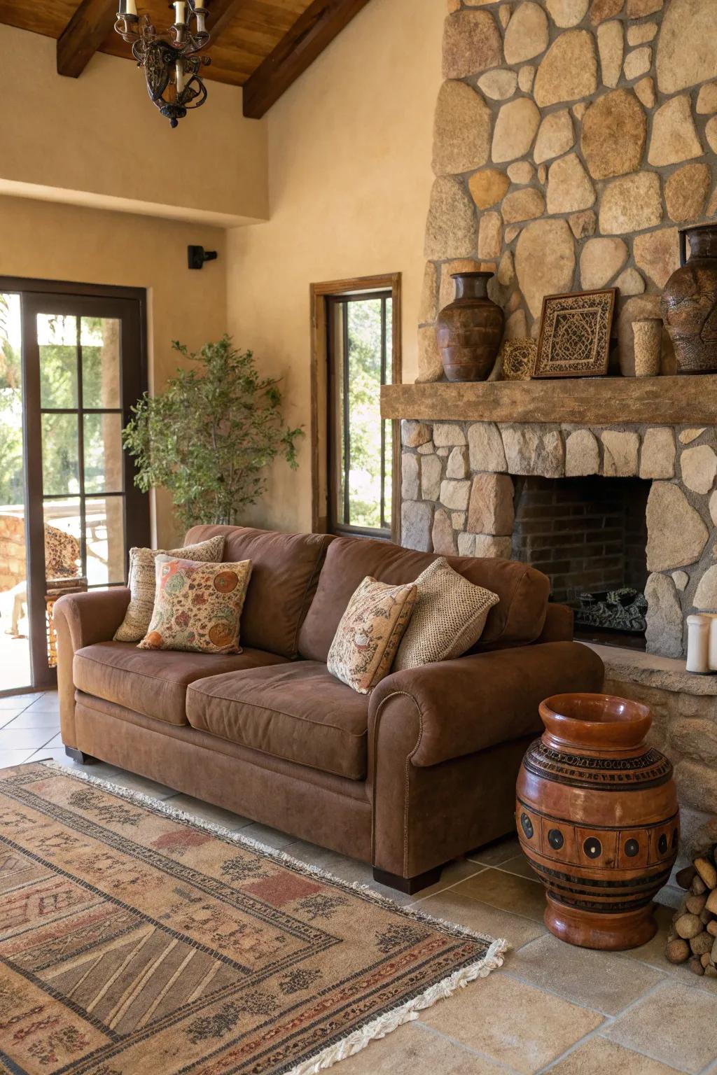 Natural elements enhance the organic vibe near the cocoa sofa.