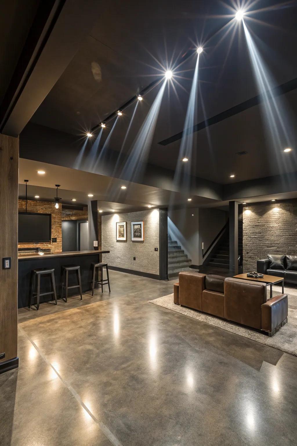 Movable spotlights create dynamic lighting effects, perfect for a versatile space.