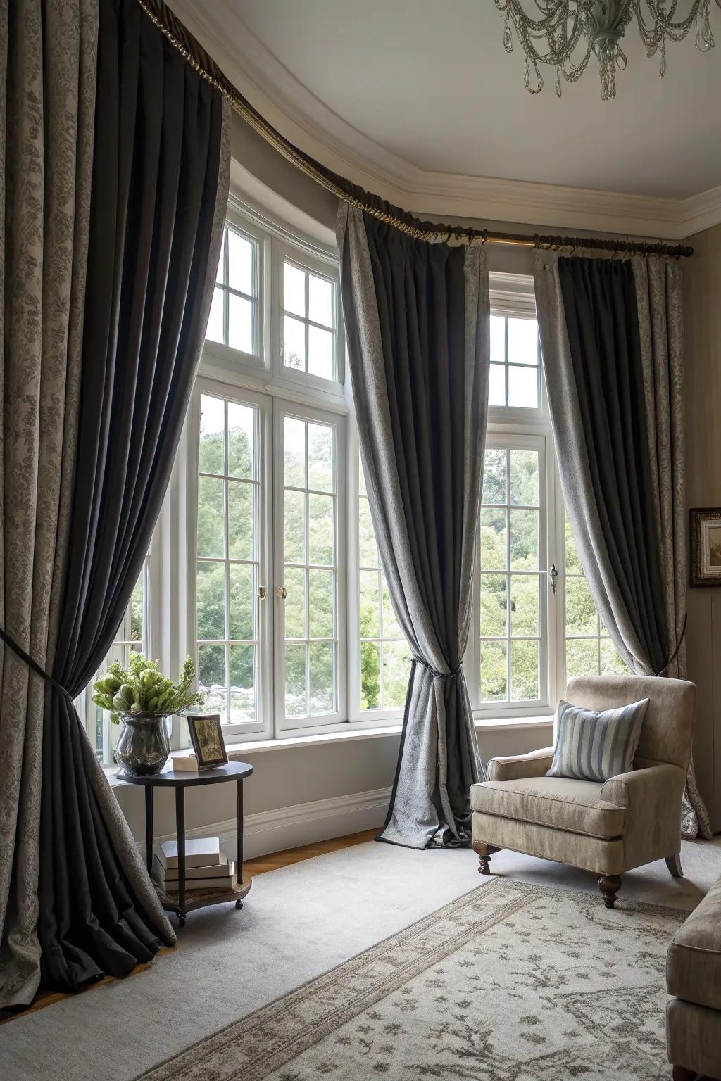 Dark and gray window coverings provide elegance and light control.
