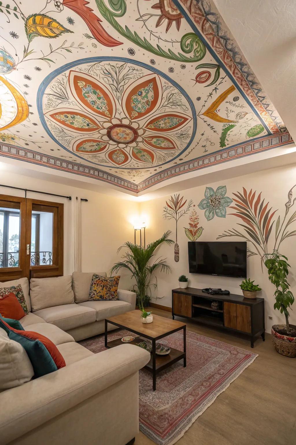 Artistic wall-sized artwork transforms ceilings into visual canvases.