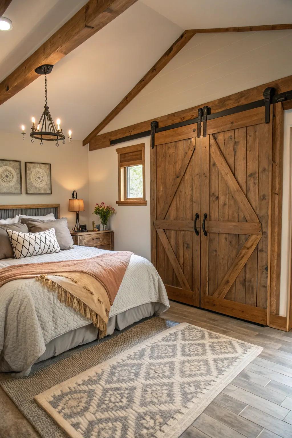 Barn doors contribute countryside allure and utility to this contemporary farmhouse bedroom.