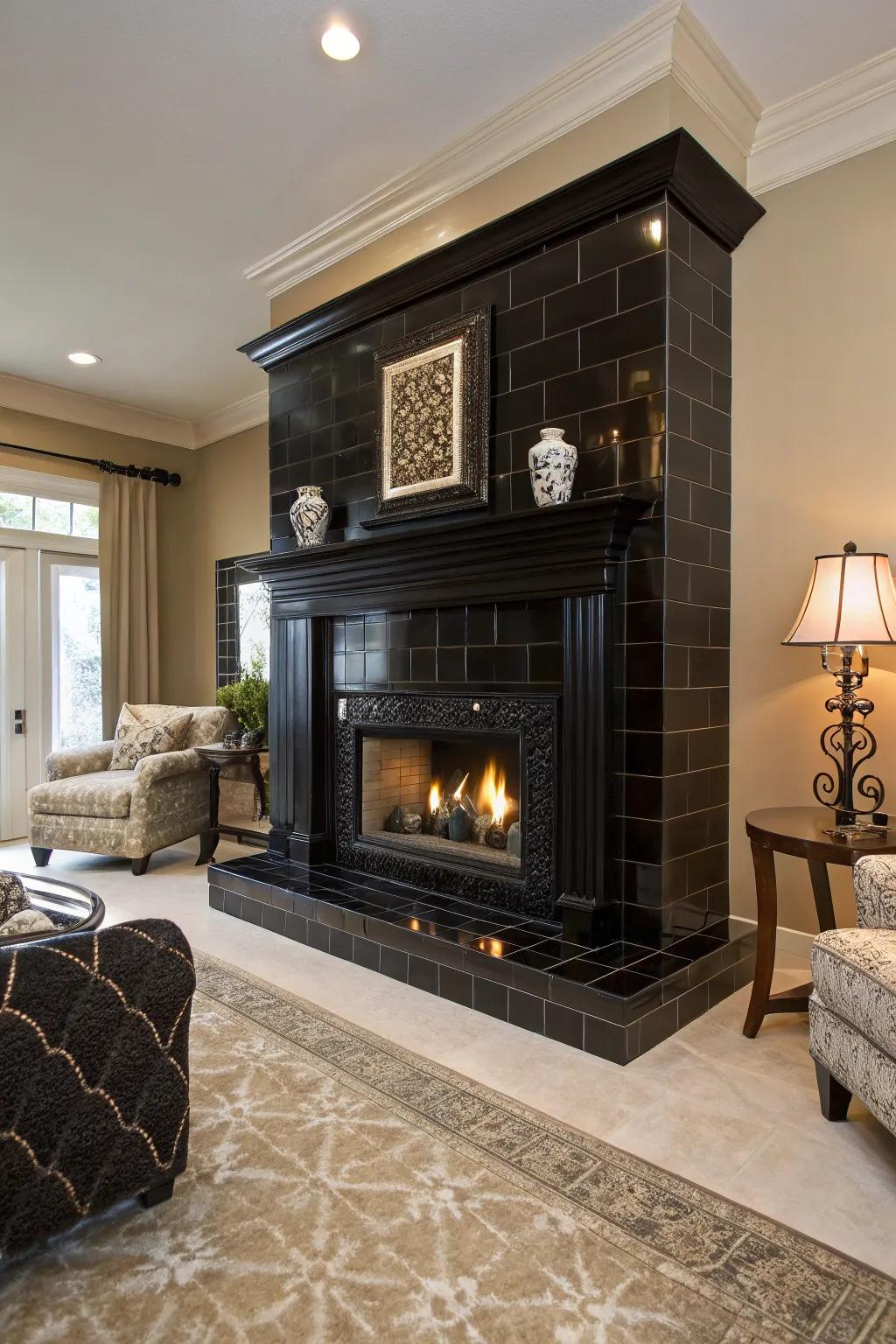Dramatic black tile fireplace serving as a focal point.