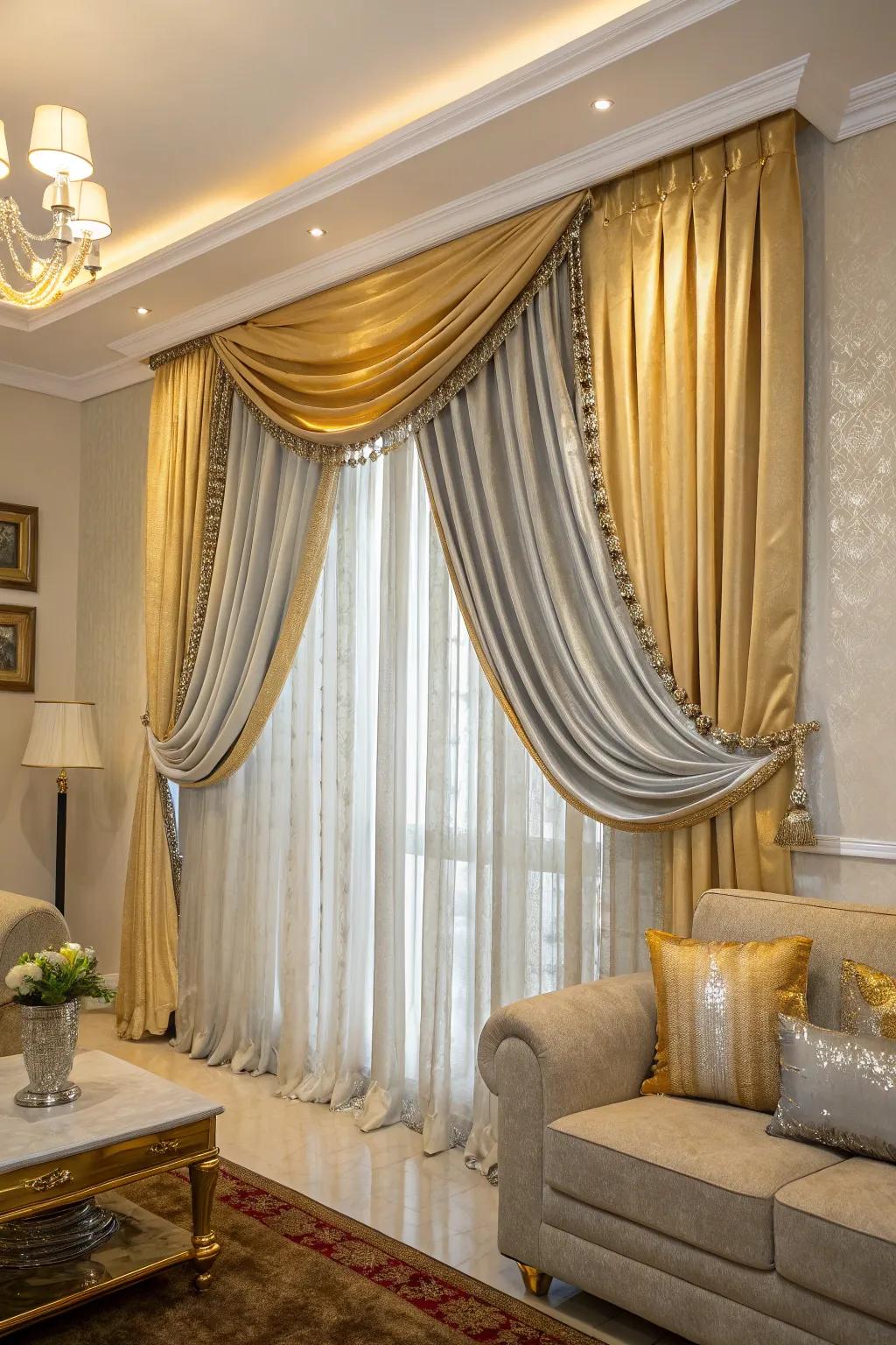 Metallic-threaded curtains add dynamic elegance to the space.