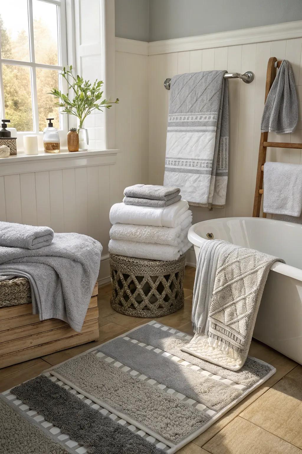 Blending textiles introduces texture and comfort to the bathroom.